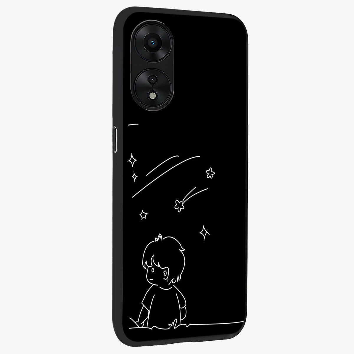 Line Art Boy With Shooting Stars Glass Case upright view showcasing artistic shooting star illustration with minimal style.