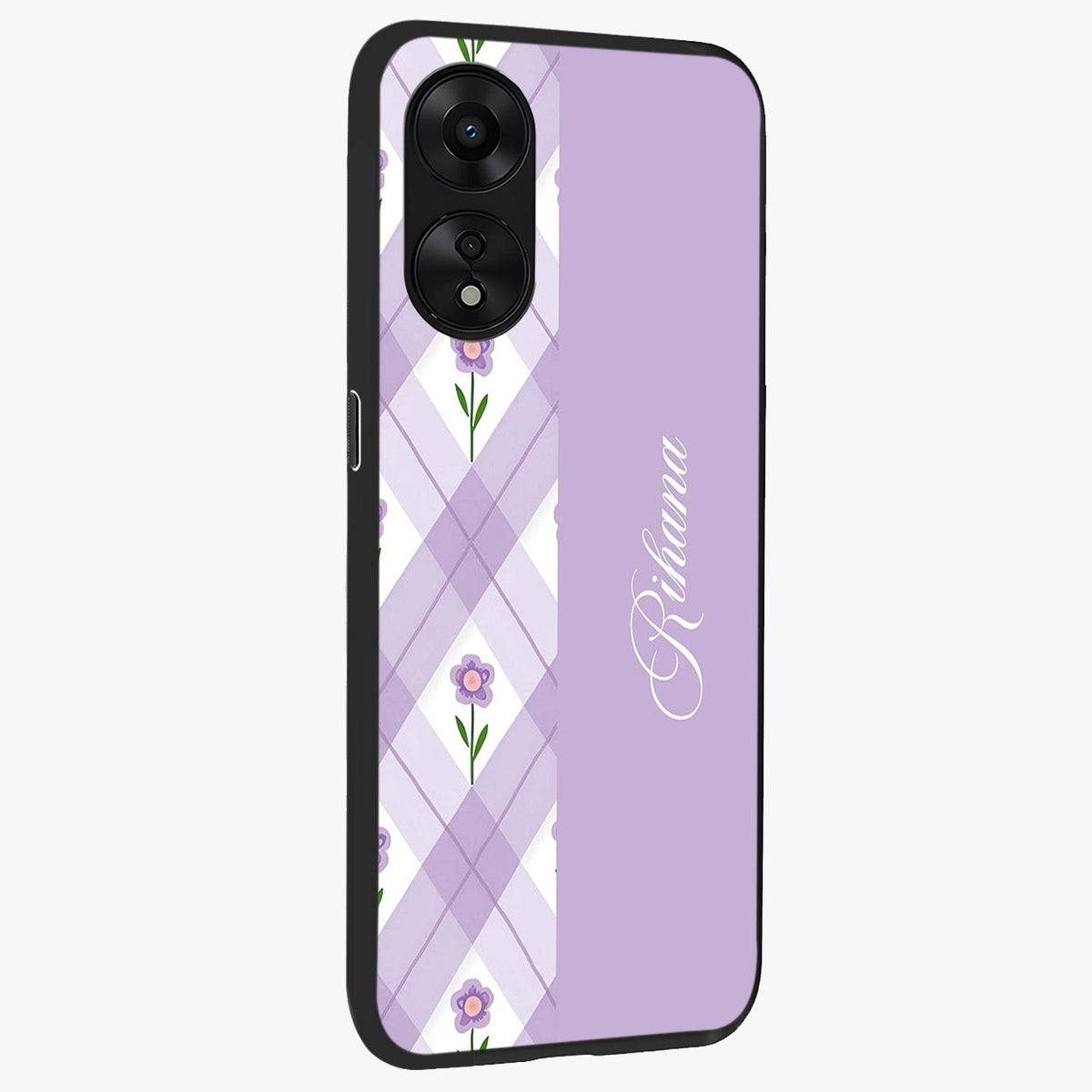 Purple Diamond Floral Glass Case upright view showcasing vibrant floral artwork with stylish geometric theme.