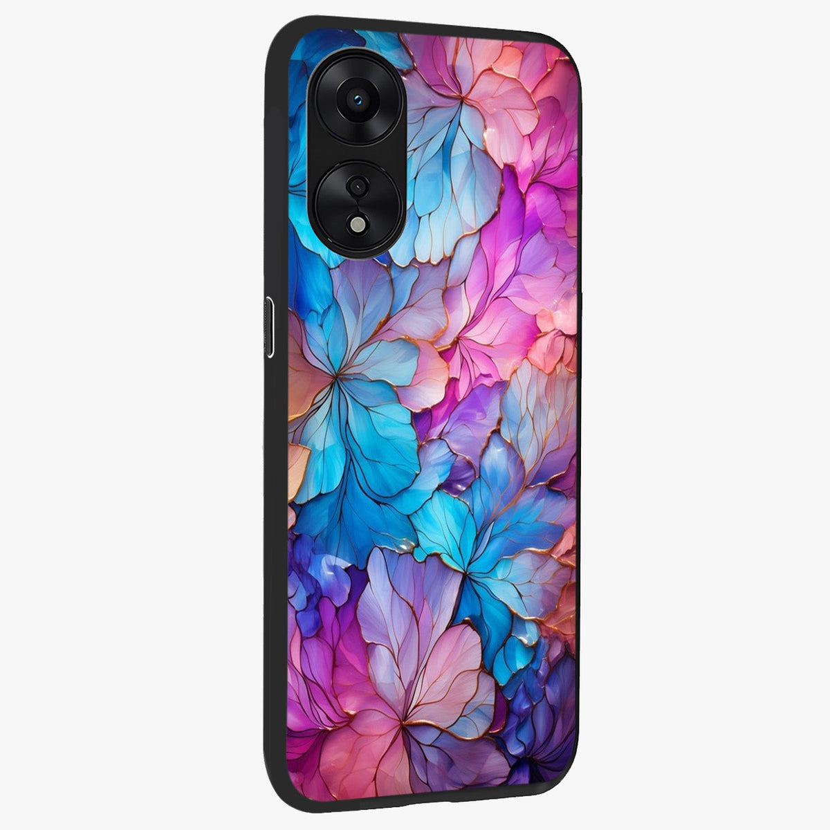 Radiant Floral Whirl Glass Case upright view showcasing lively floral artwork with decorative swirl theme.