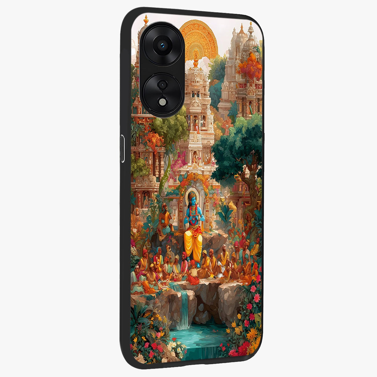 Sacred Sunlight Gods Glass Case upright view showcasing glowing divine artwork with sacred mythological theme.