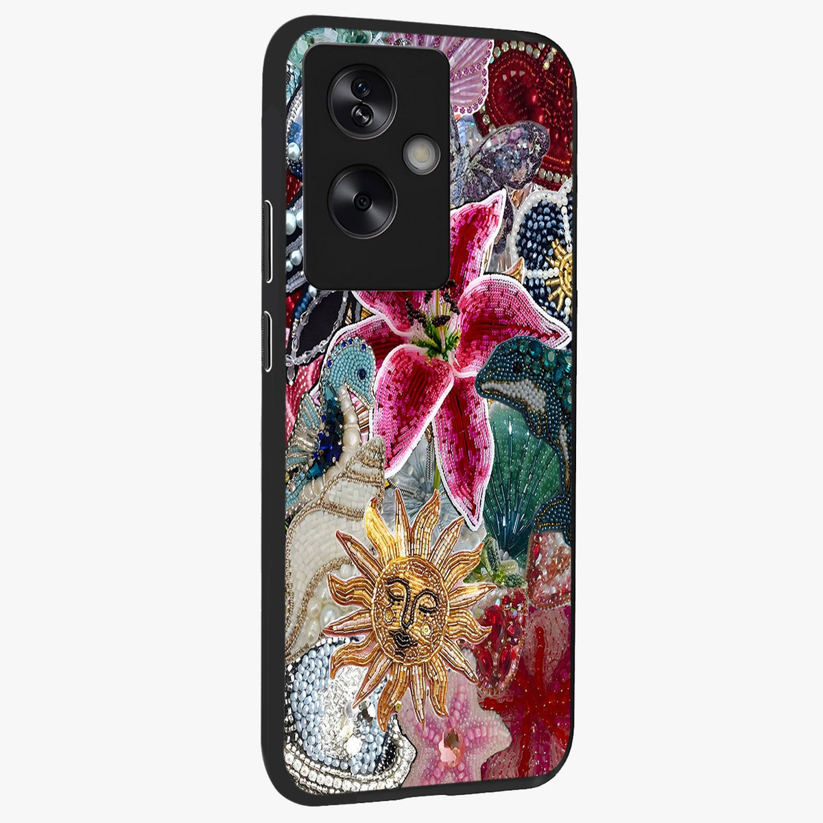 Beaded Garden Fantasy Glass Case upright view showcasing whimsical garden aesthetic with artistic bead details.
