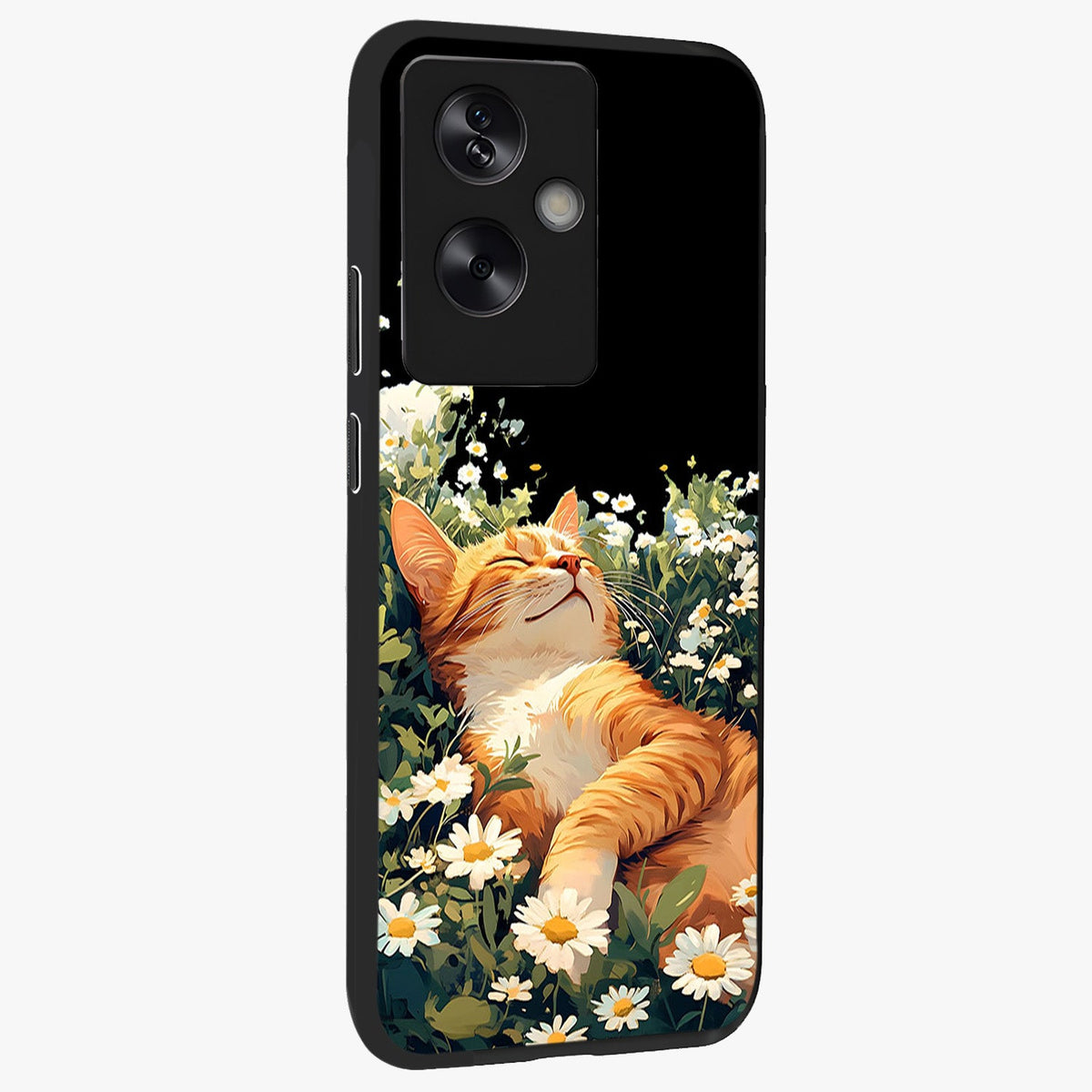 Blissful Bloom Cat Glass Case upright view showcasing charming cat design surrounded by blooming floral elements.