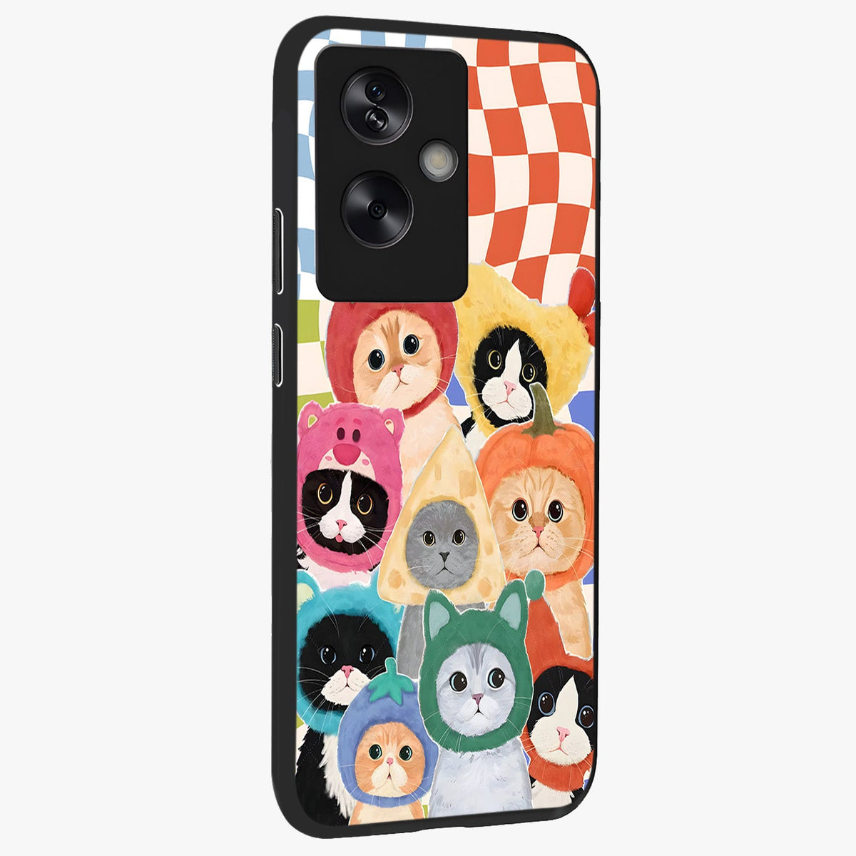 Cats in Fruits Glass Case upright view showcasing charming cat artwork with fun fruity theme.