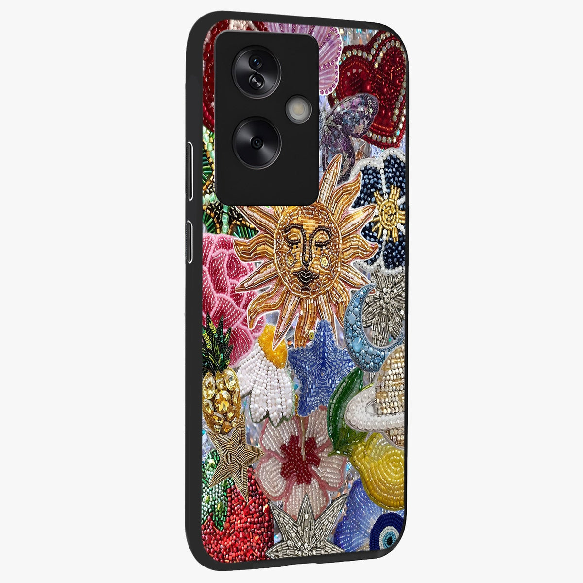 Celestial Floral and Playful Glass Case upright view showcasing whimsical floral artwork with cosmic aesthetic theme.