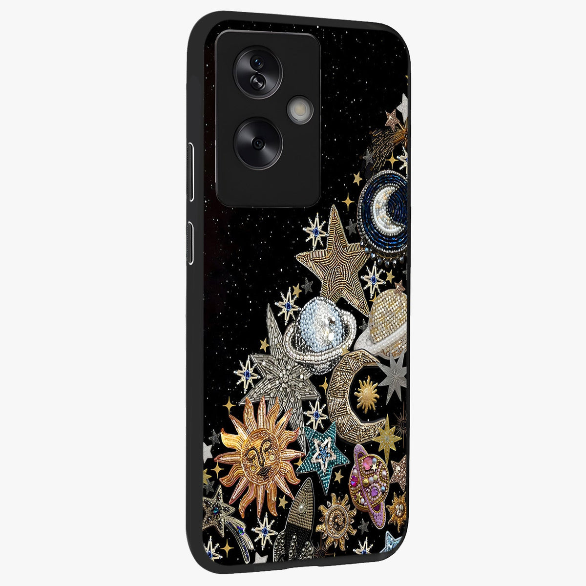 Cosmic Sparkle Dreams Glass Case upright view showcasing glowing cosmic artwork with magical galaxy theme.
