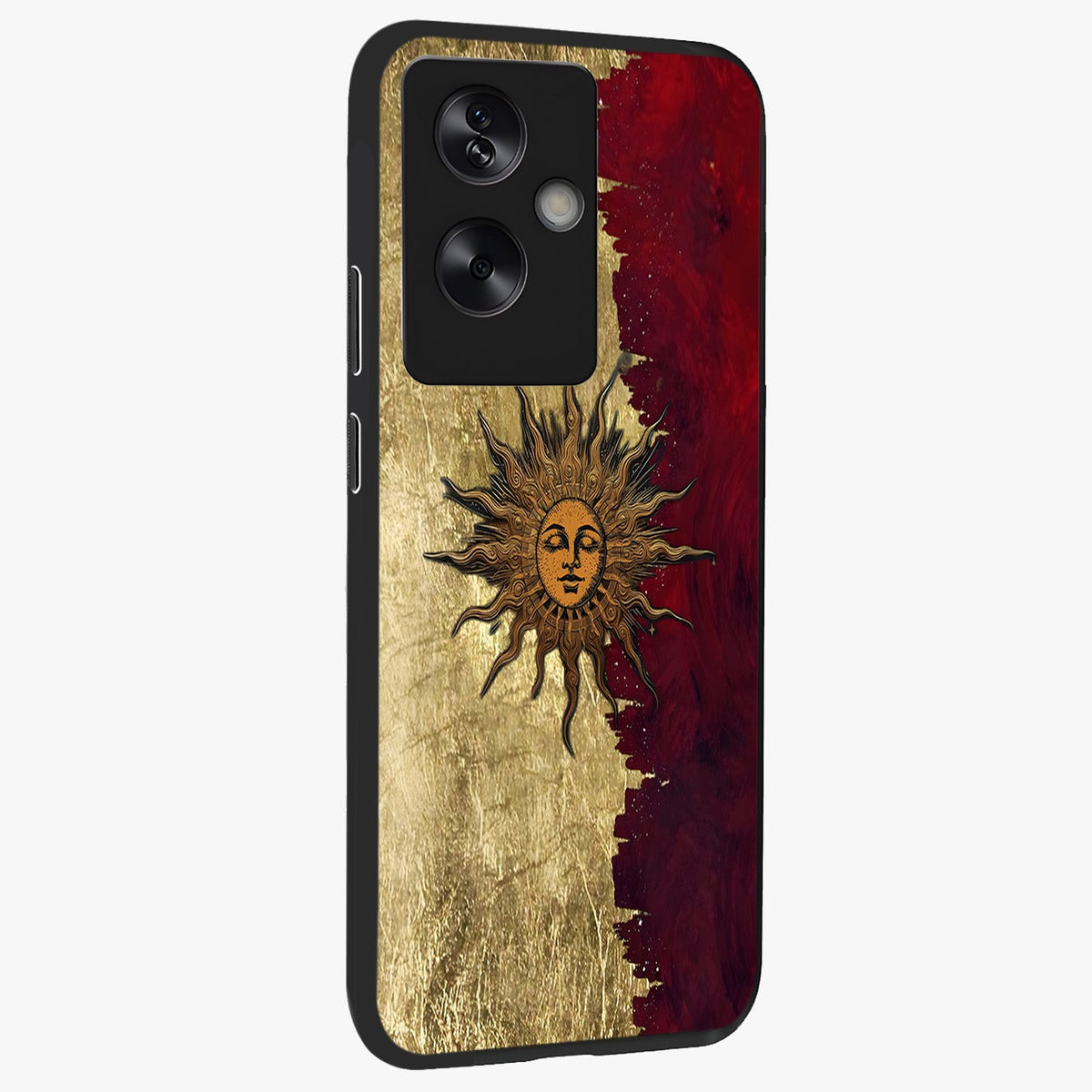 Crimson Sun Majesty Glass Case upright view showcasing vibrant sun artwork with powerful celestial theme.
