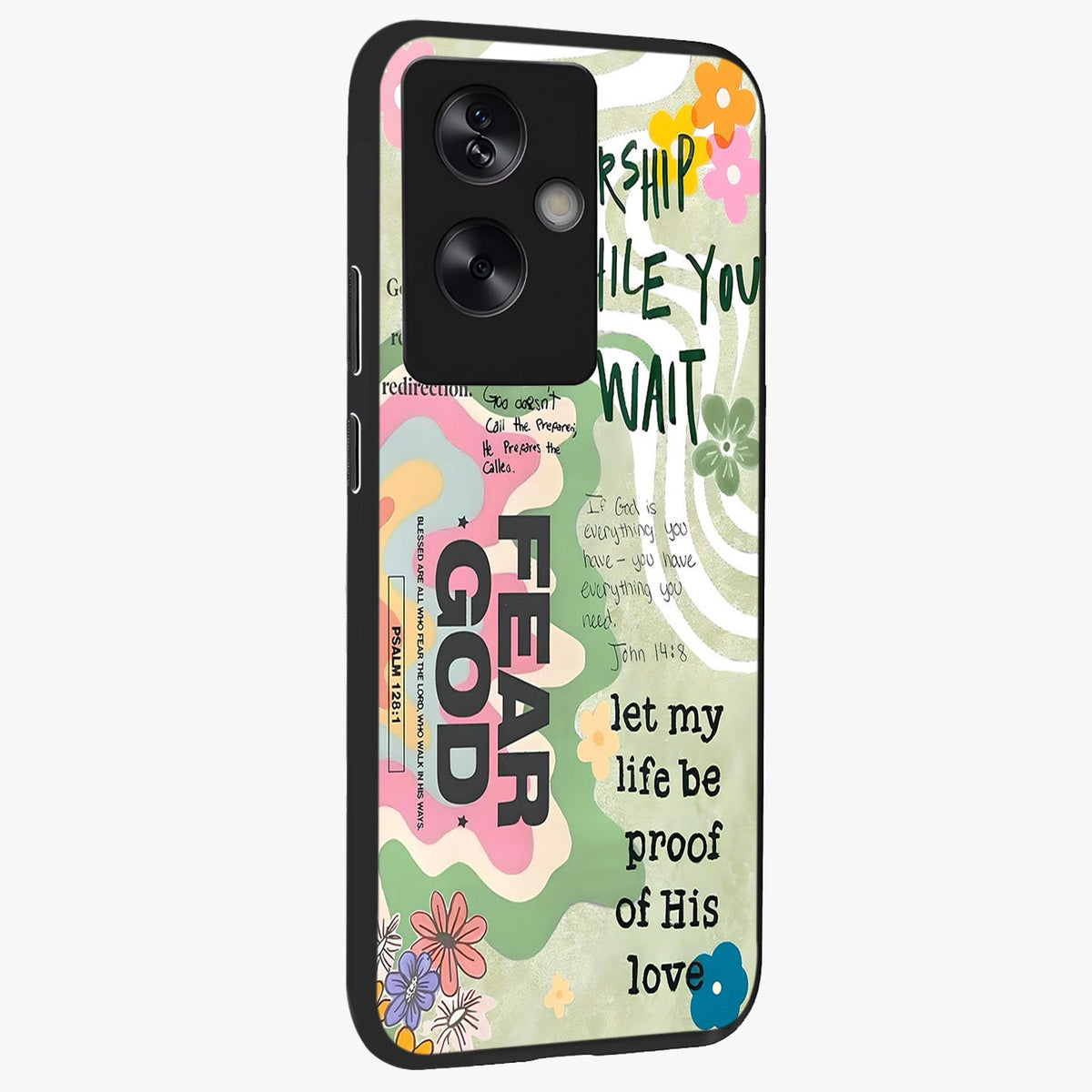 Faith Over Fear Glass Case upright view showcasing bold typography artwork with uplifting motivational theme.