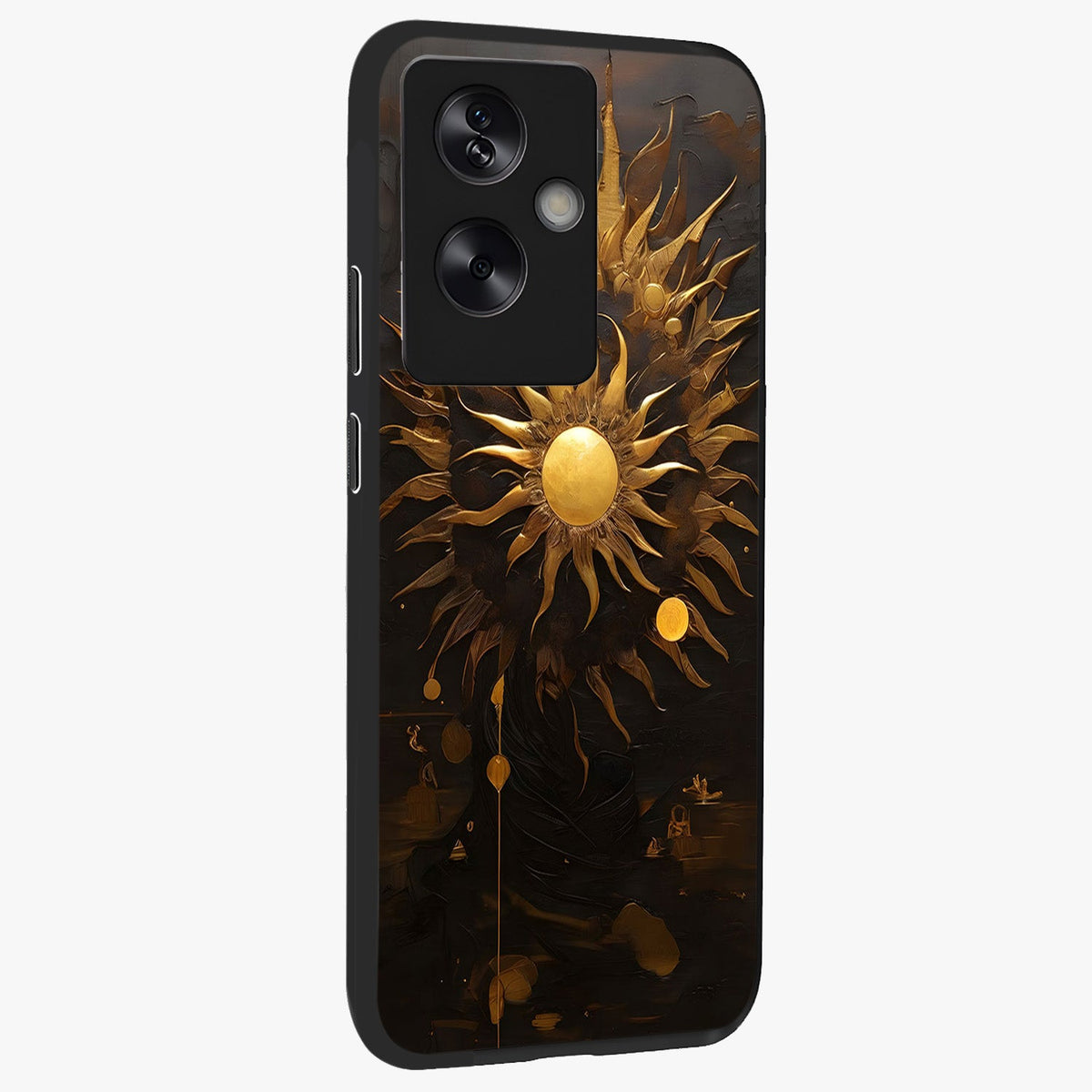 Golden Sun Majesty Glass Case upright view showcasing haunting graveyard artwork with dramatic dark theme.