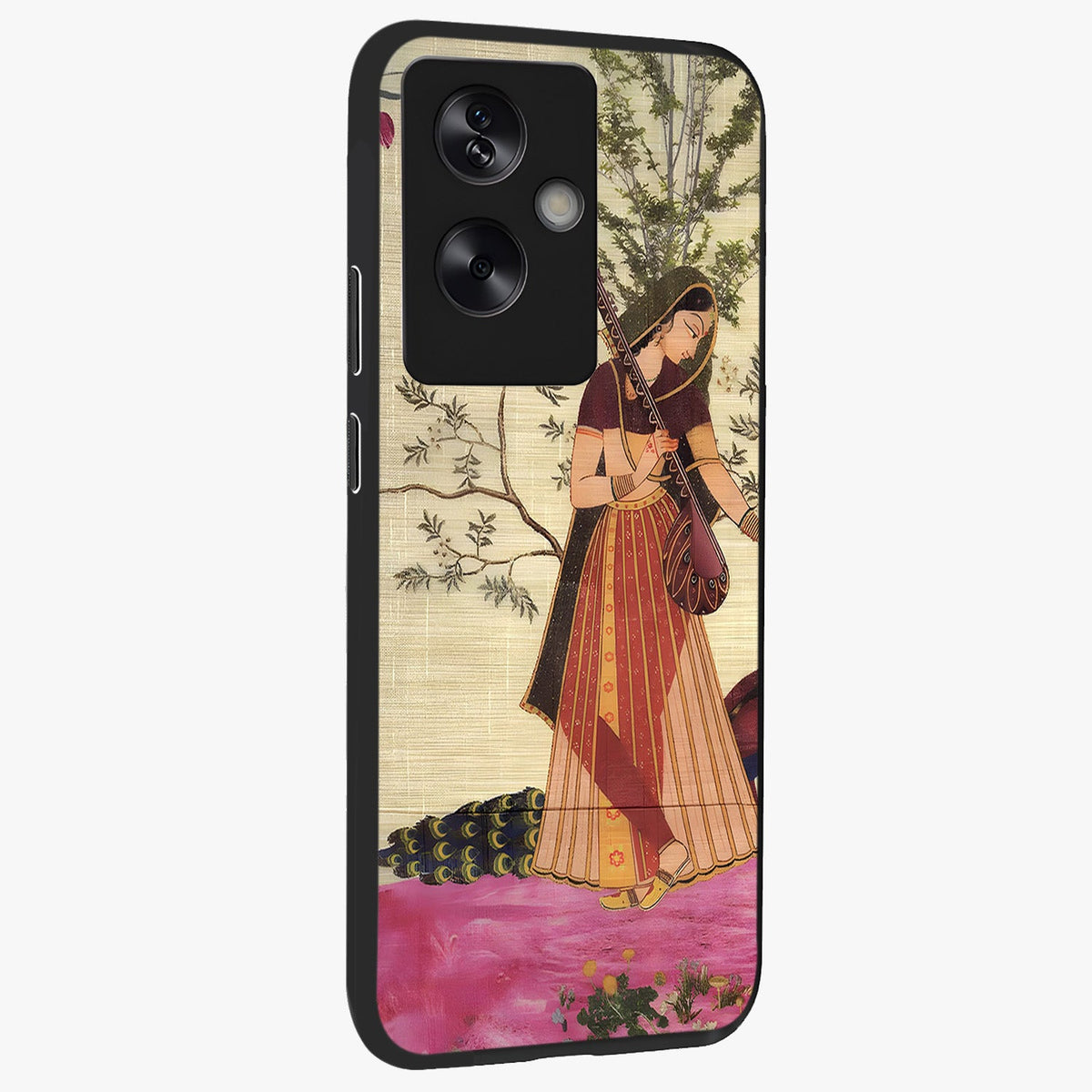 Lady With Veena Art Glass Case upright view showcasing classical veena artwork with traditional artistic theme.