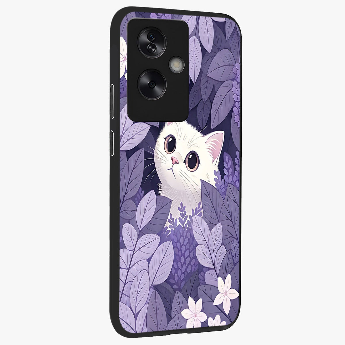 Lilac Hide Peek Cat Glass Case upright view showcasing charming cat artwork with adorable peek theme.