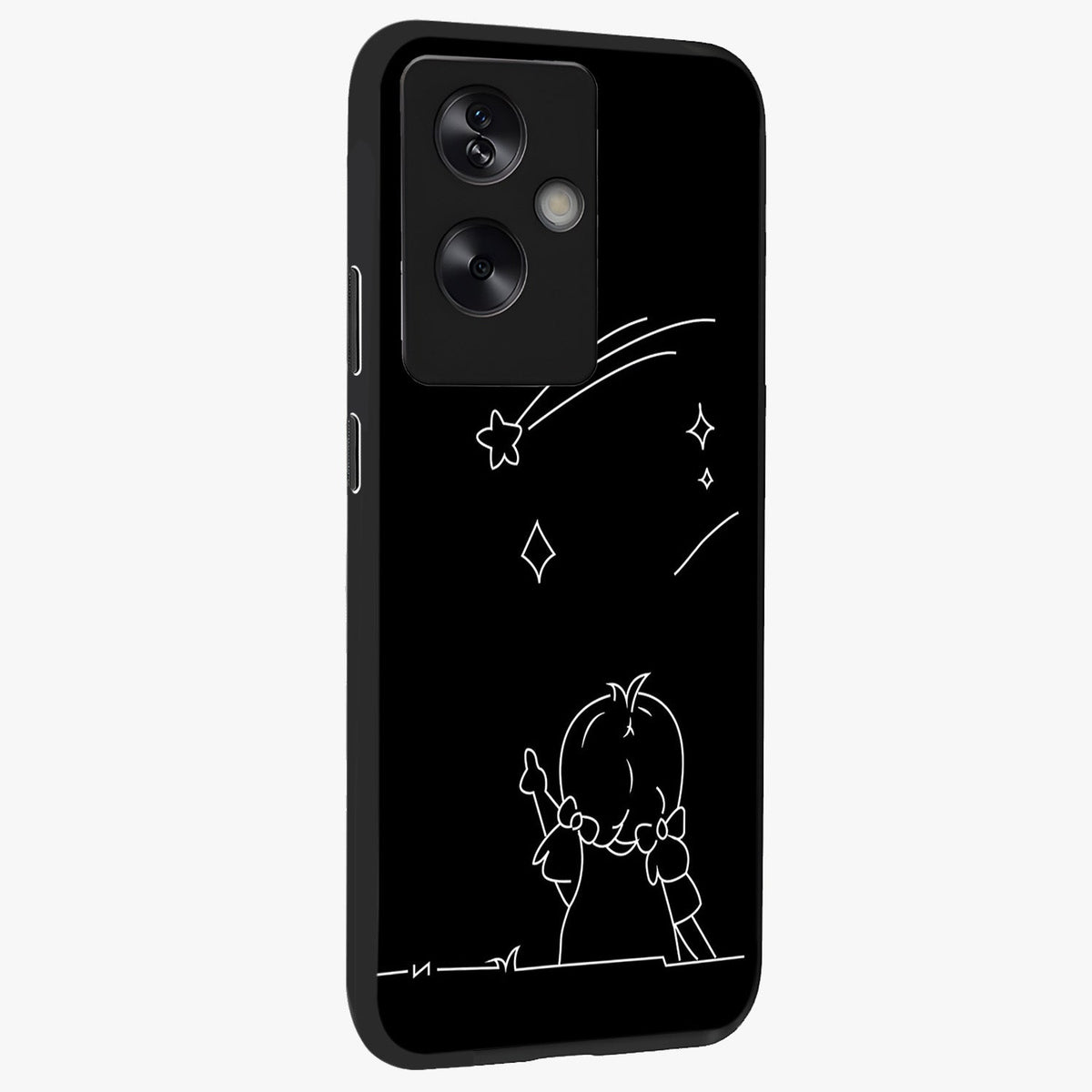 Line Art Girl With Shooting Stars Glass Case upright view showcasing delicate shooting stars artwork with minimal artistic theme.