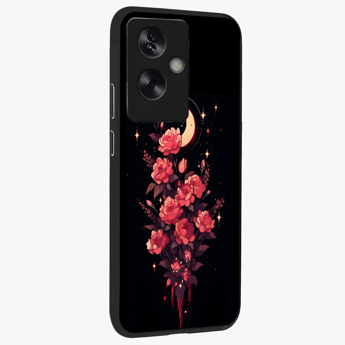 Moonlit Floral Elegance Glass Case upright view showcasing delicate floral artwork with refined night inspired theme.