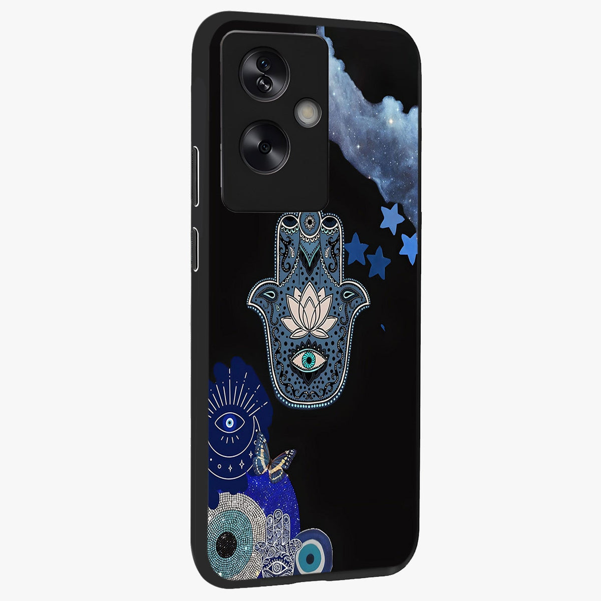 Mystic Hand Aura Glass Case upright view showcasing symbolic hand artwork with mystical energy theme.