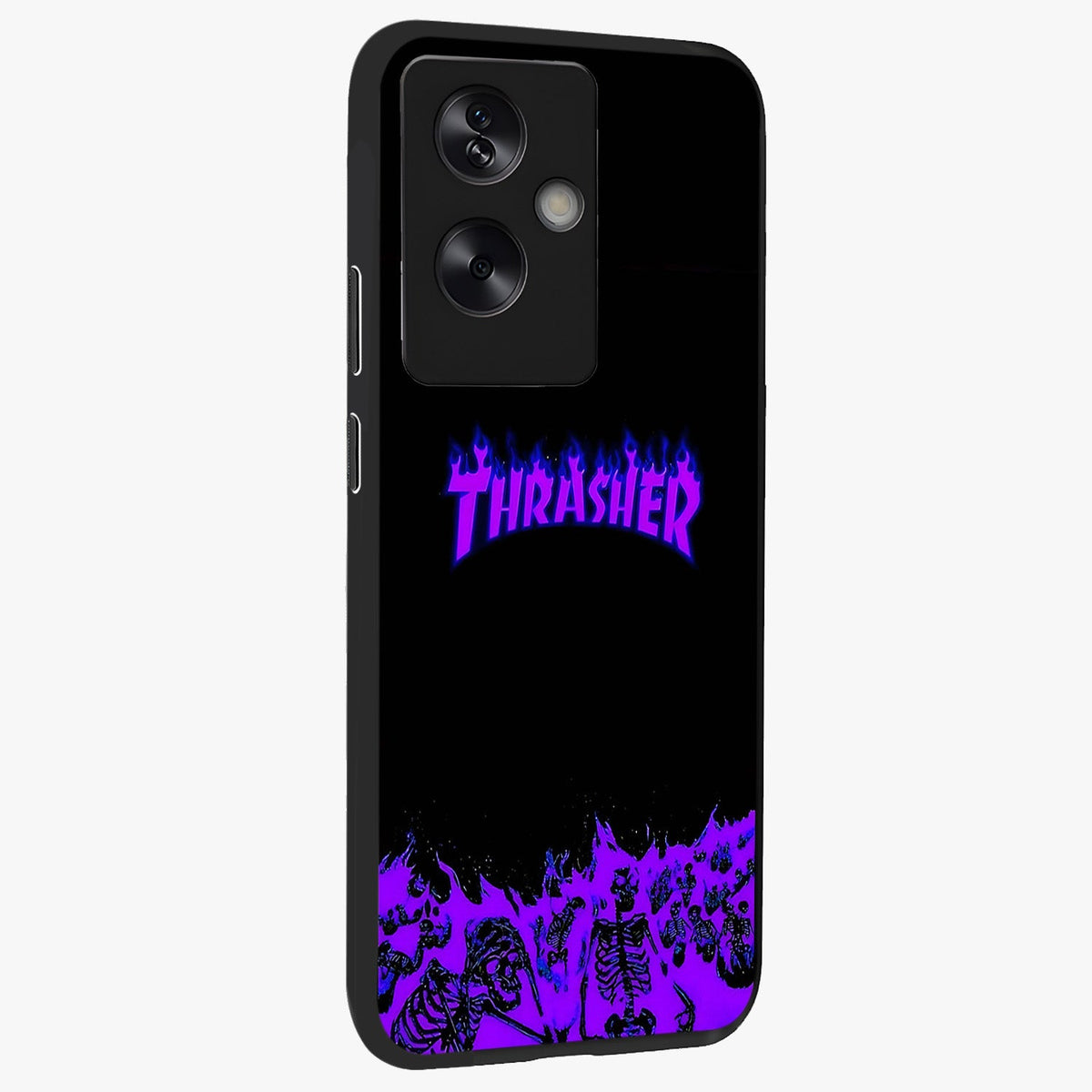 Neon Flame Riot Glass Case upright view showcasing dynamic flame artwork with energetic neon theme.
