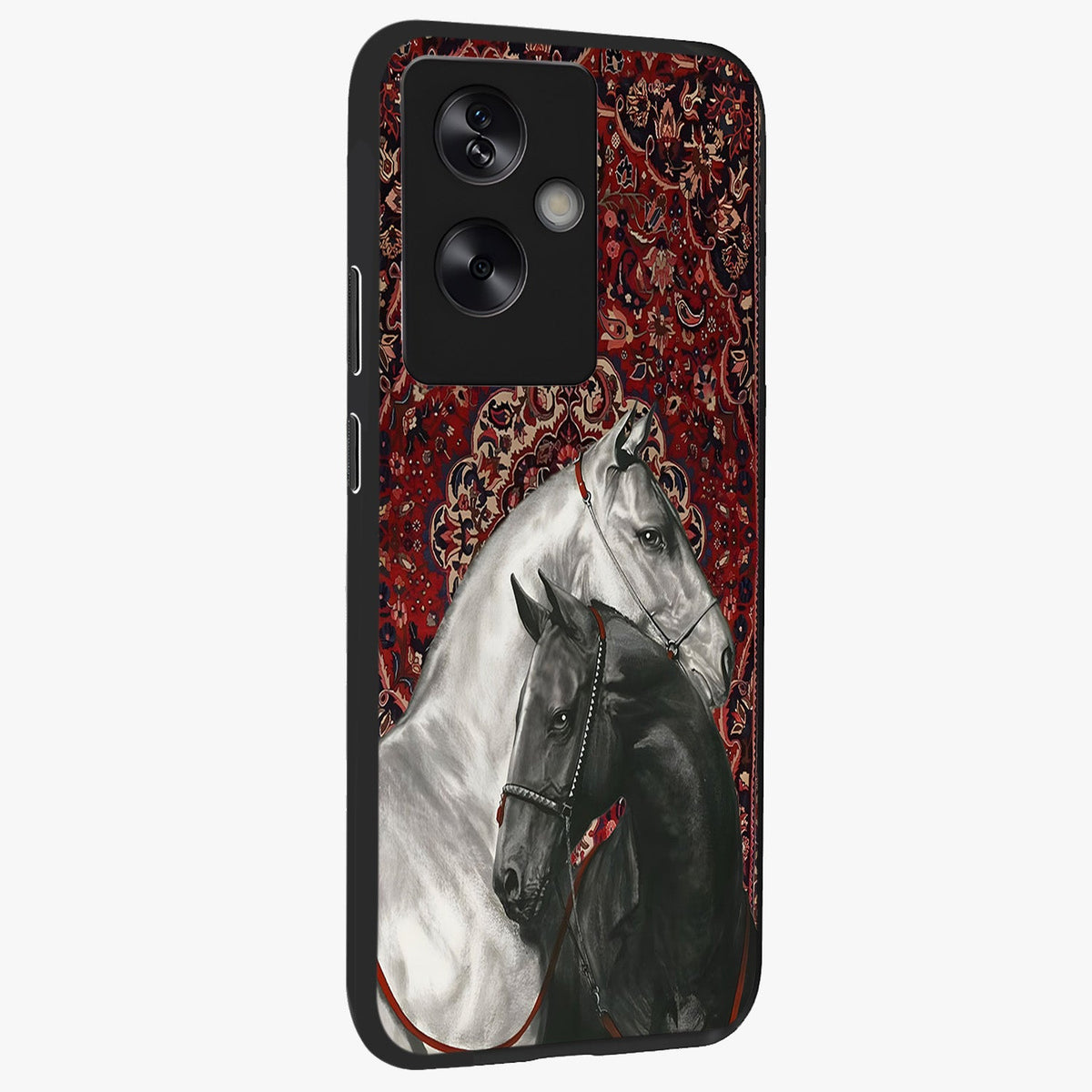 Regal Stallion Tapestry Glass Case upright view showcasing powerful horse artwork with elegant tapestry theme.