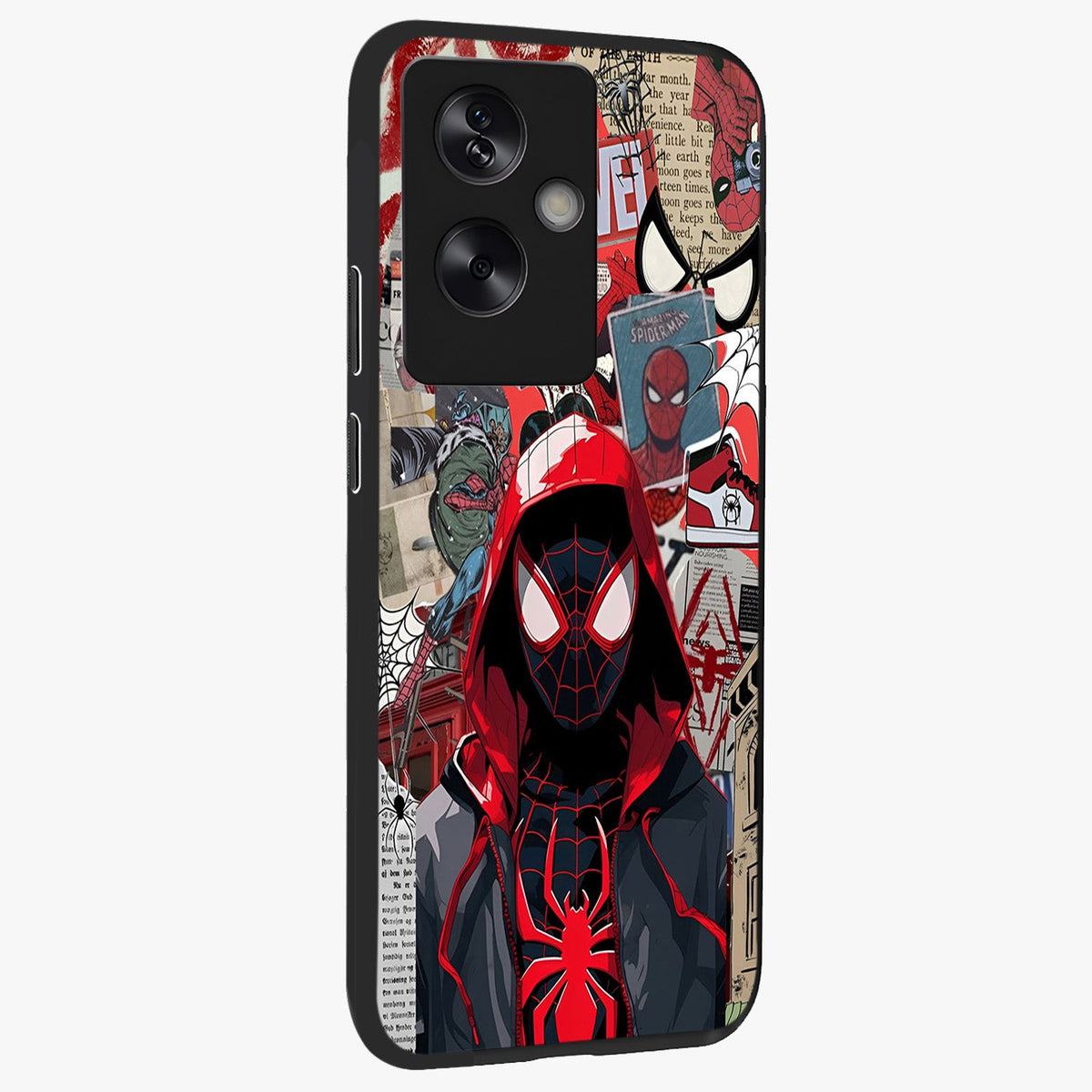 Spider Collage Street Glass Case upright view showcasing bold superhero artwork with urban street theme.