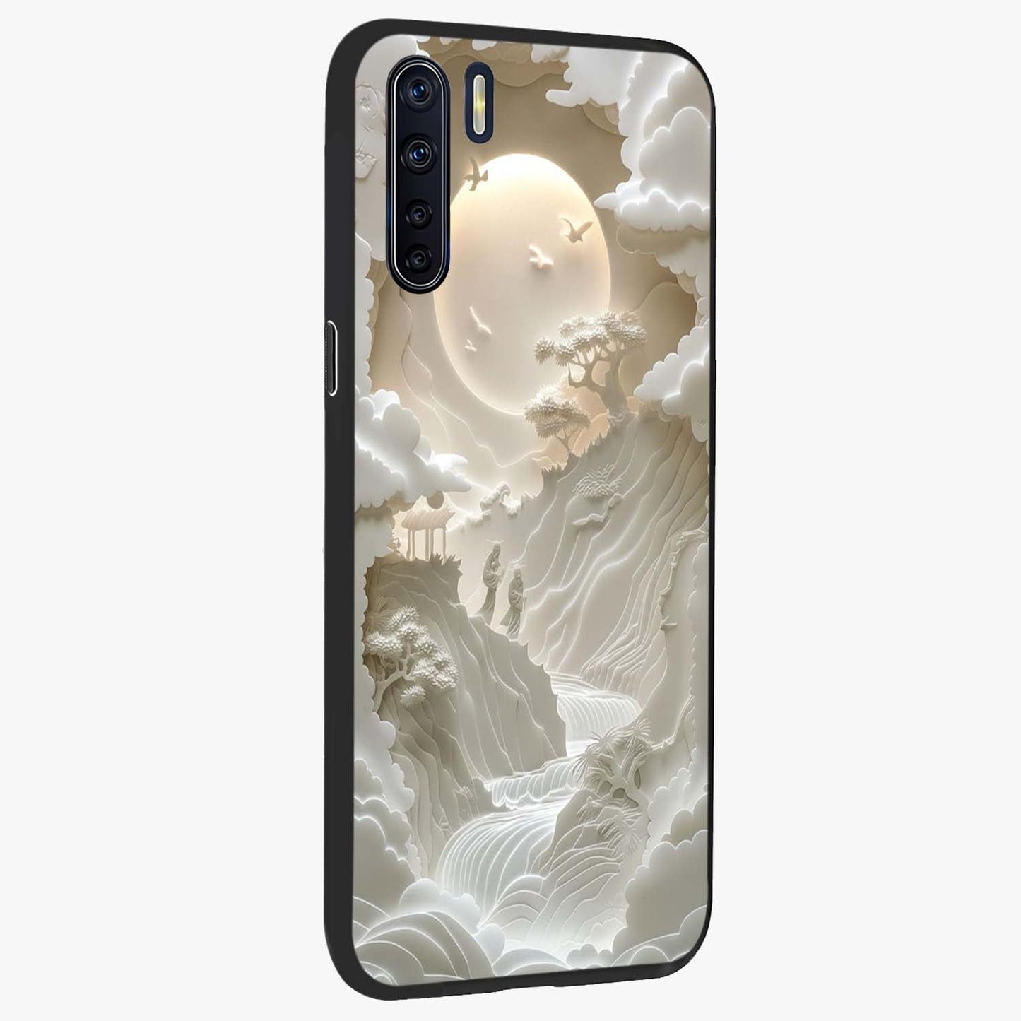 Celestial Origami Glass Case upright view showcasing creative origami artwork with modern celestial style.