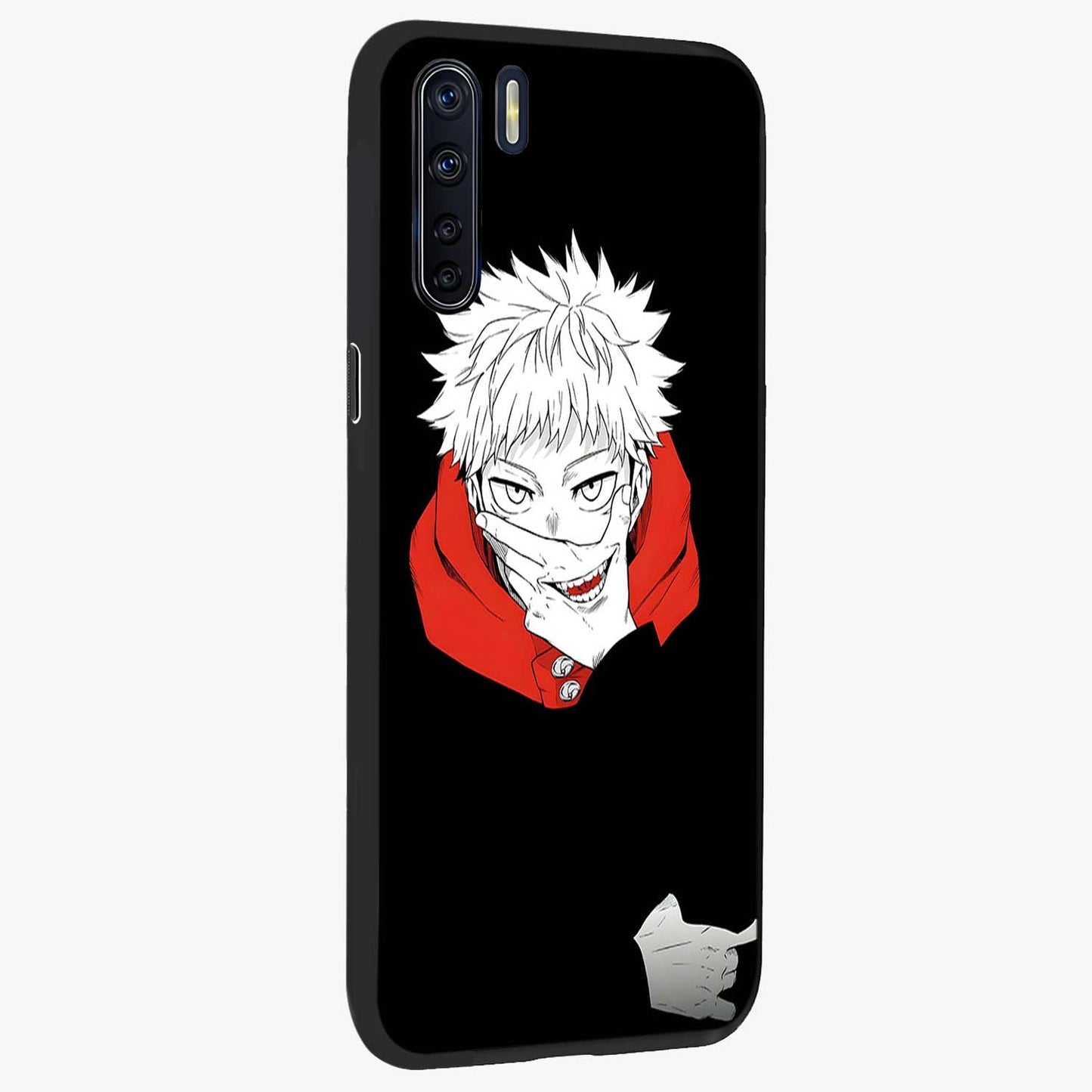 Crimson Chaos Smile Glass Case upright view showcasing expressive chaotic artwork with striking visual theme.