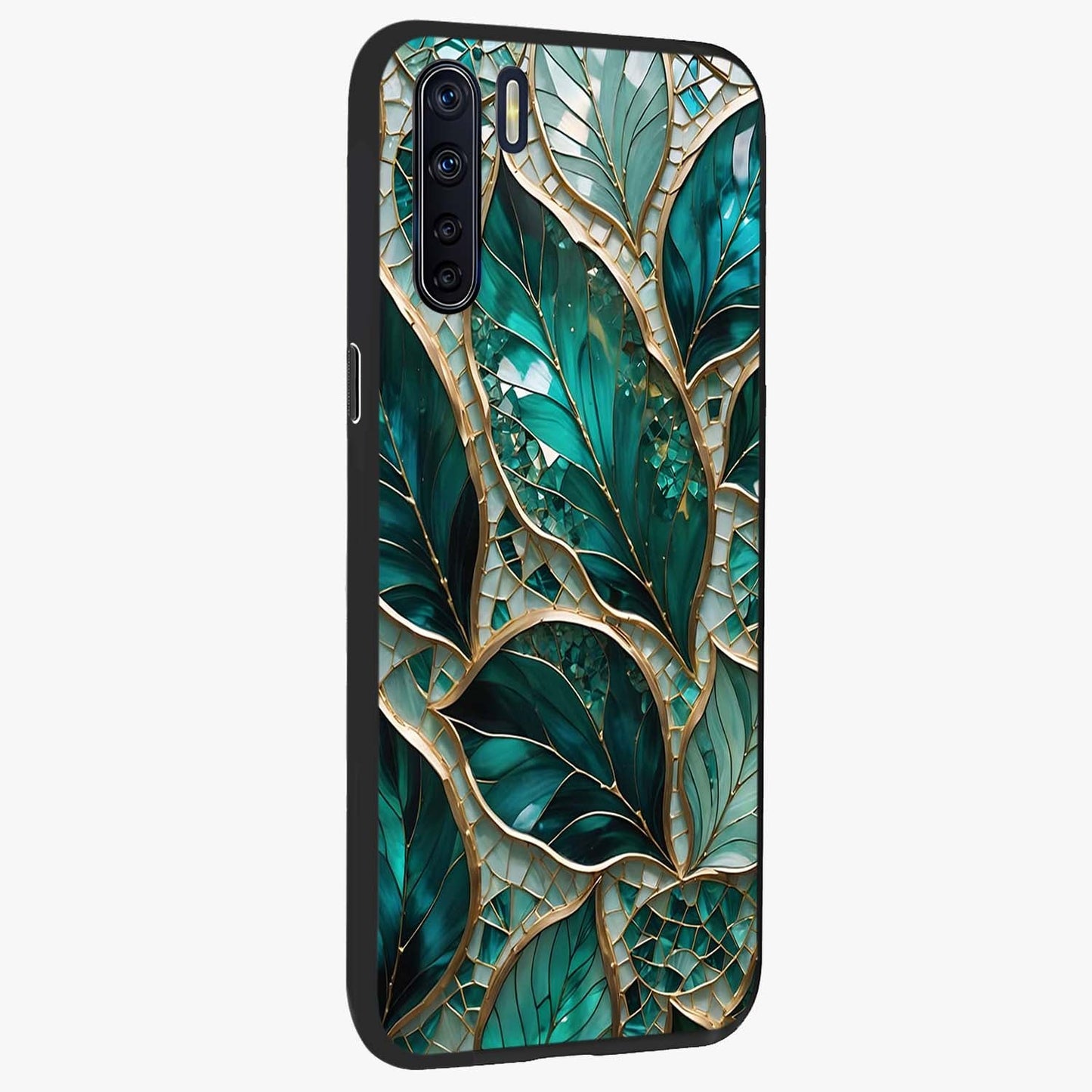 Emerald Leaf Glass Glass Case upright view showcasing fresh green leaf artwork with calming nature inspired style.