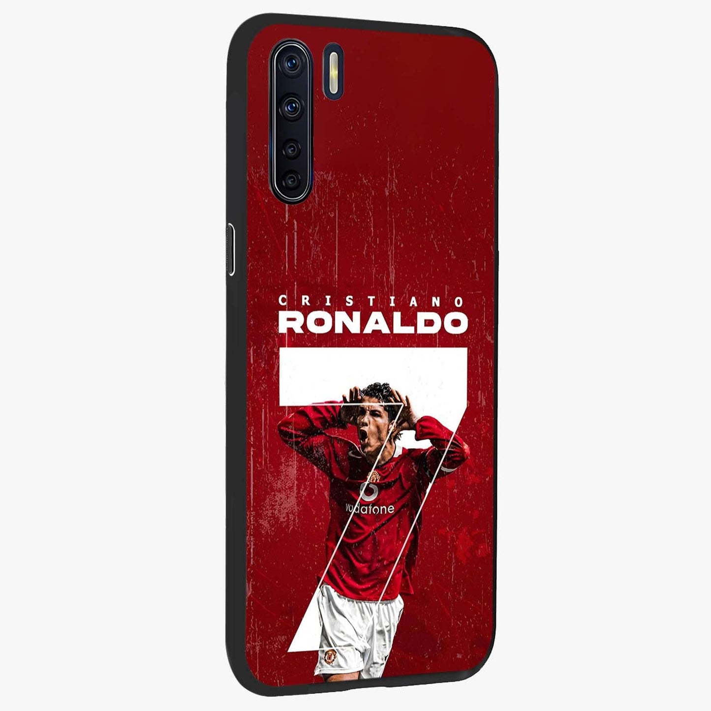 Goal Celebration Legacy Glass Case upright view showcasing dynamic football inspired artwork with victory celebration aesthetic.