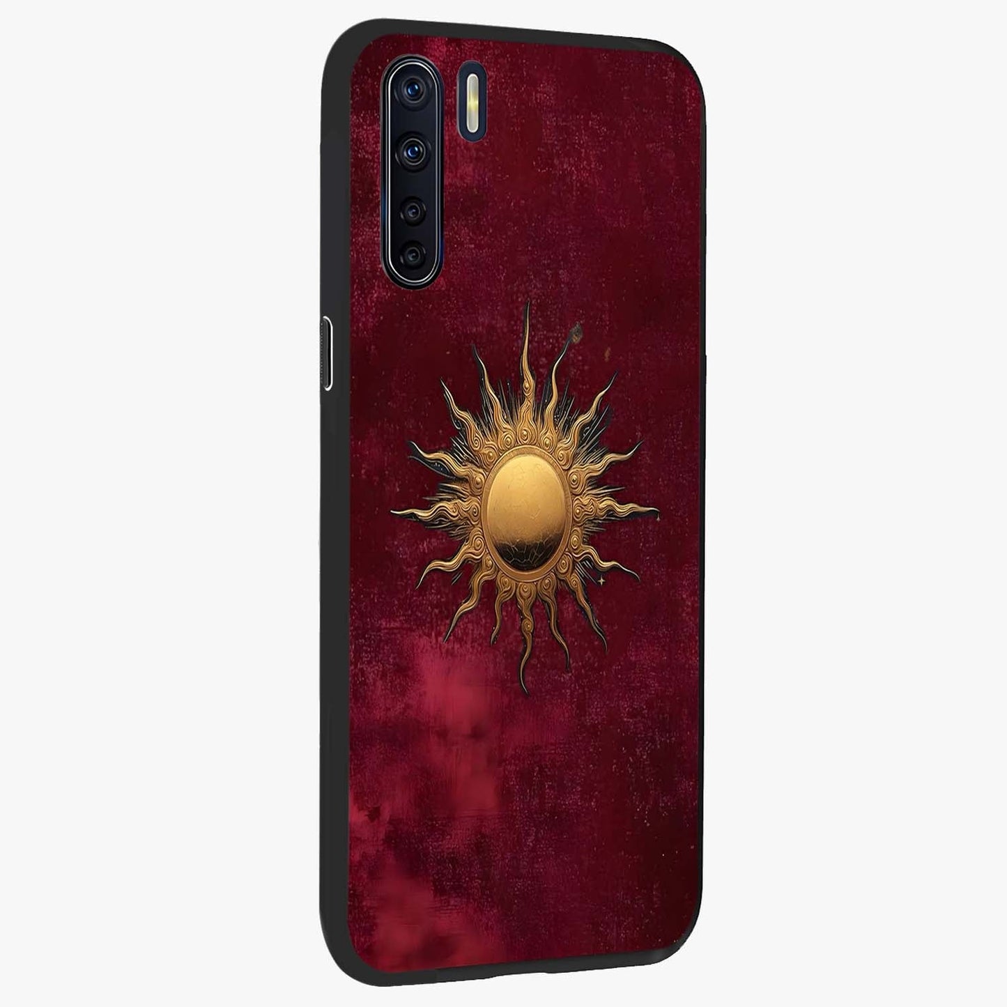 Golden Sun Minimalism Glass Case upright view showcasing simple golden sun artwork with elegant minimalist style.