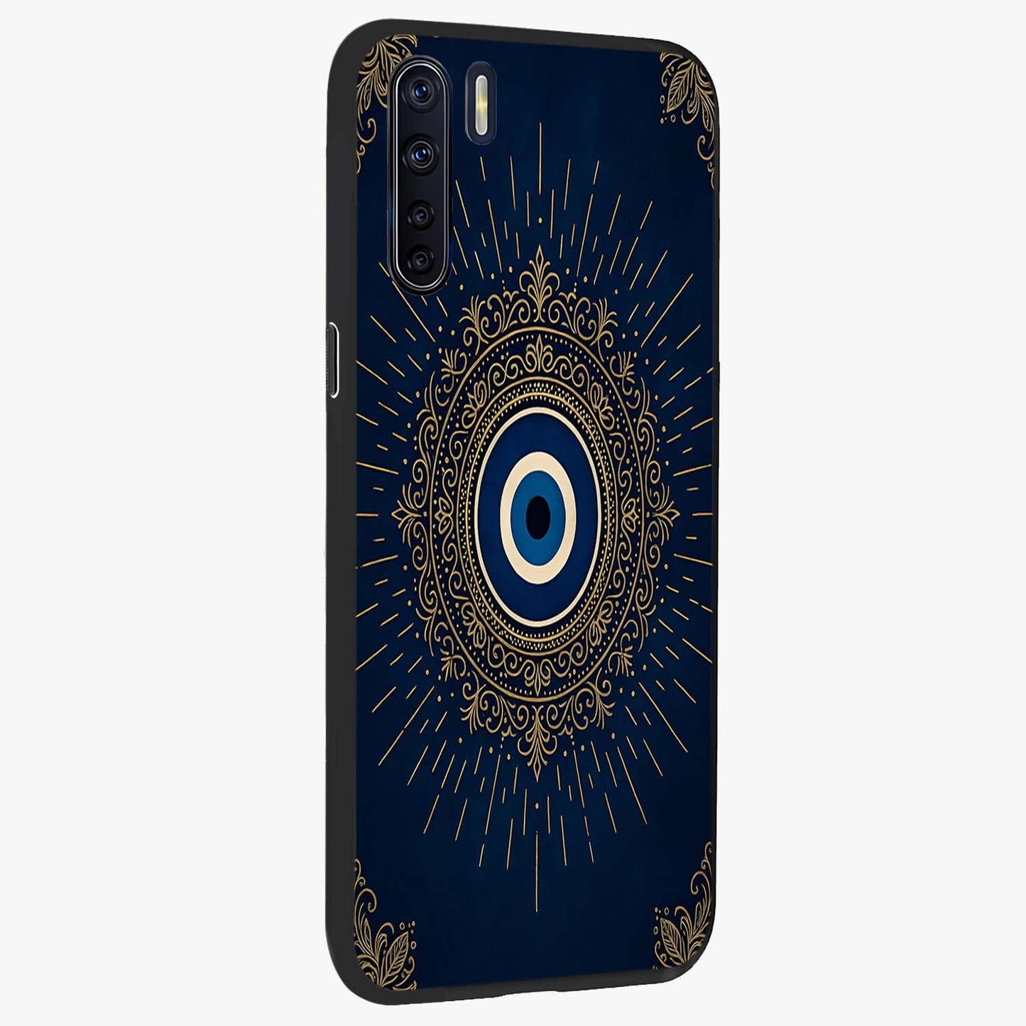 Golden Celestial Charm Glass Case upright view showcasing radiant celestial artwork with elegant golden theme.