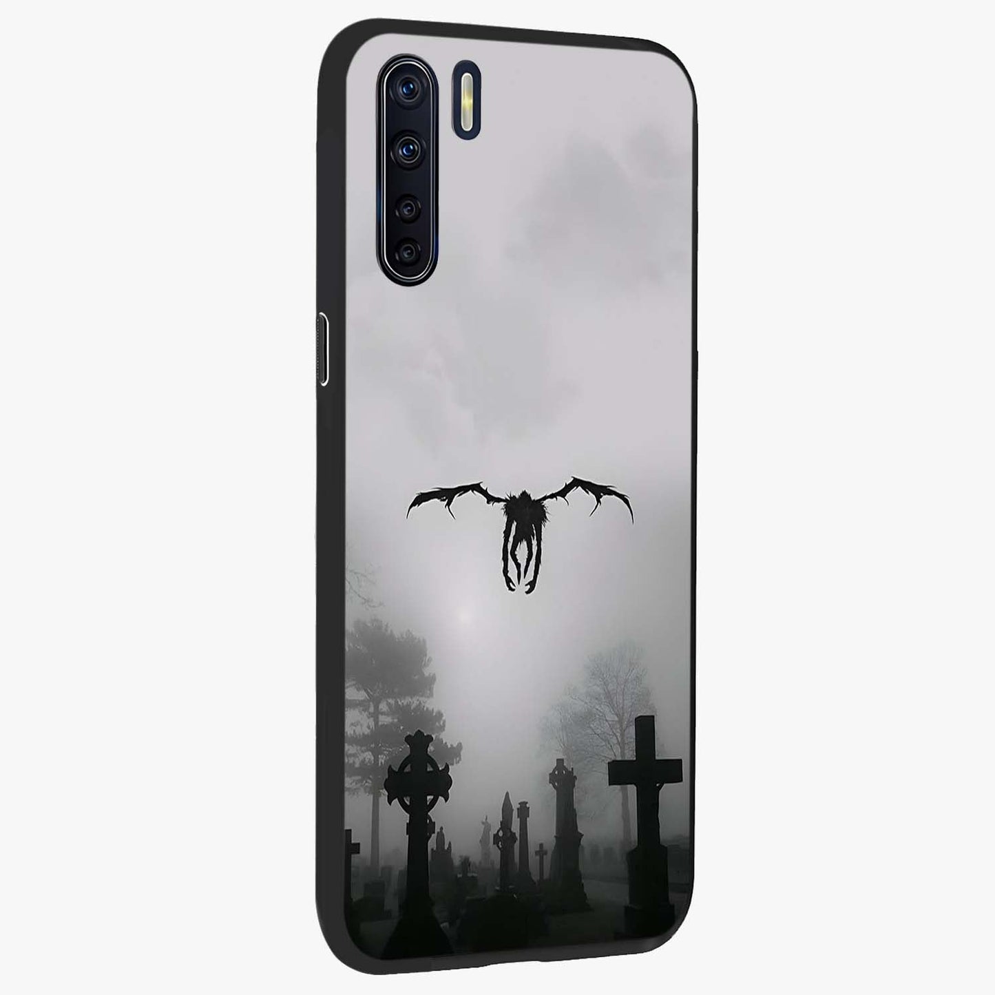 Graveyard Shadow Descent Glass Case upright view showcasing haunting graveyard artwork with dramatic dark theme.