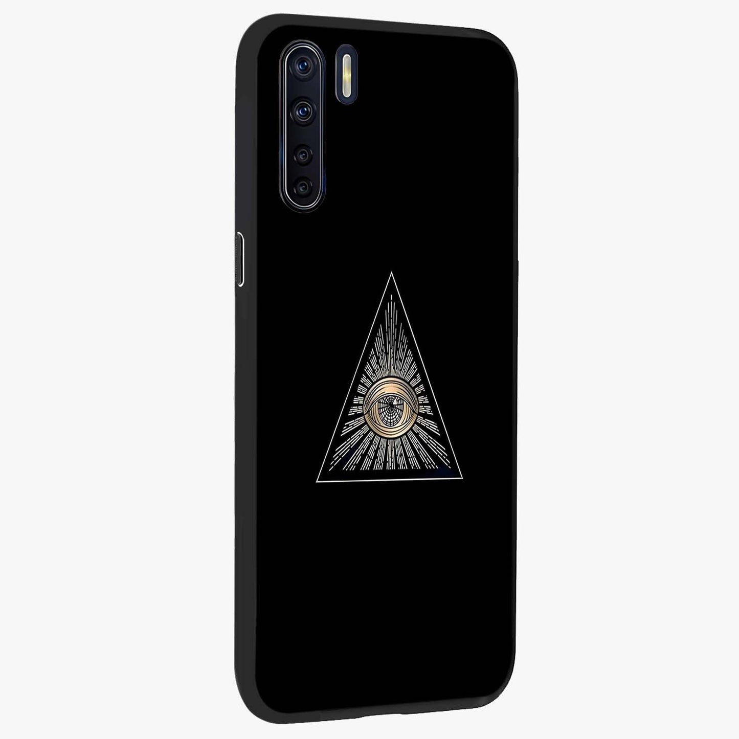 Illuminati Evil Glass Case upright view showcasing striking illuminati artwork with mysterious symbolic theme.