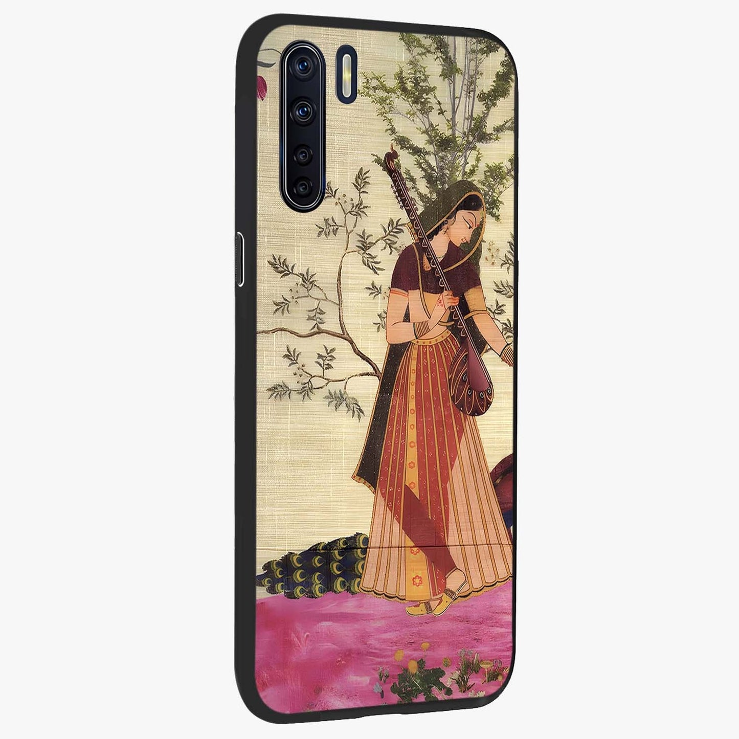 Lady With Veena Art Glass Case upright view showcasing classical veena artwork with traditional artistic theme.