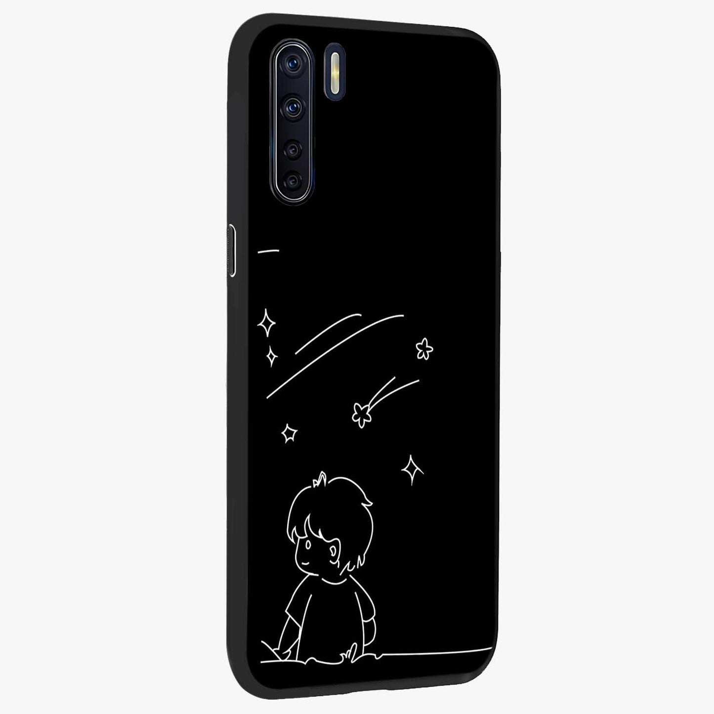 Line Art Boy With Shooting Stars Glass Case upright view showcasing artistic shooting star illustration with minimal style.