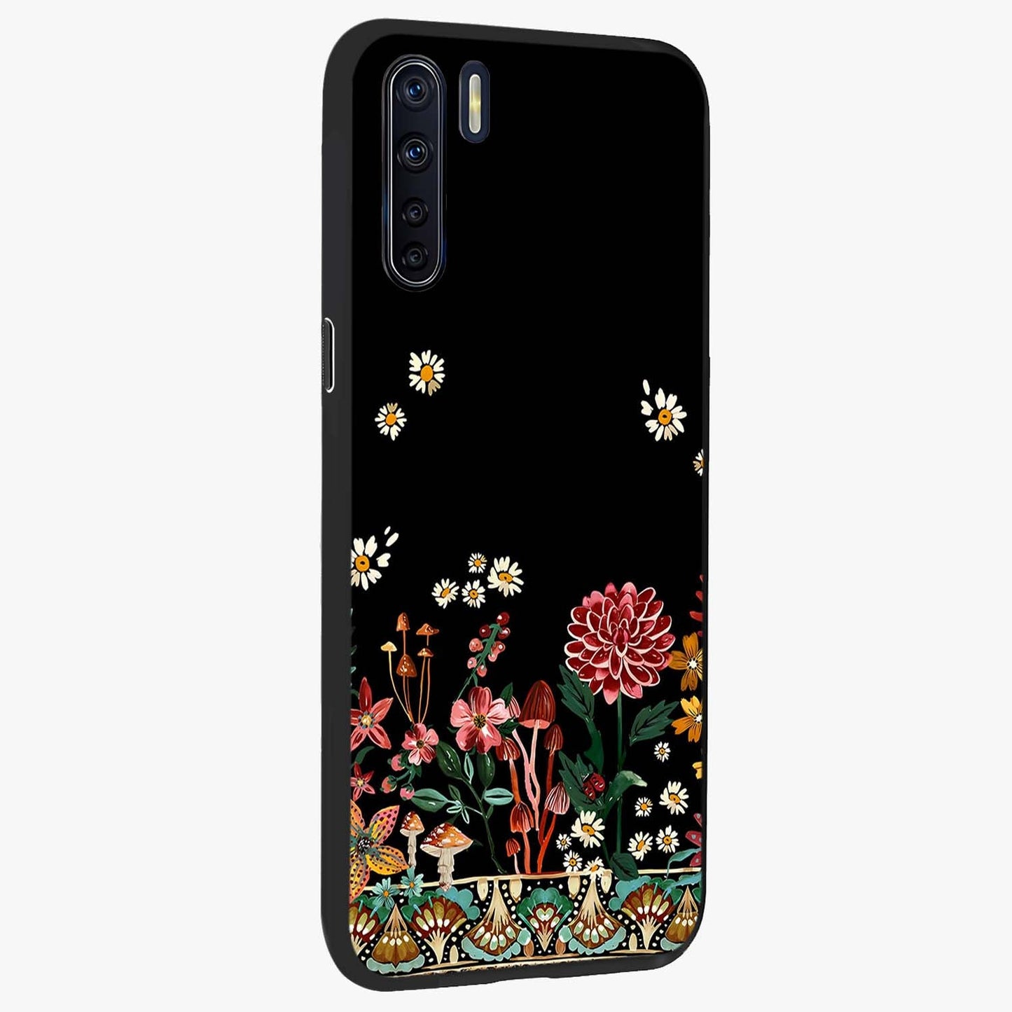 Midnight Bloom Pattern Glass Case upright view showcasing decorative floral artwork with deep night themed palette.