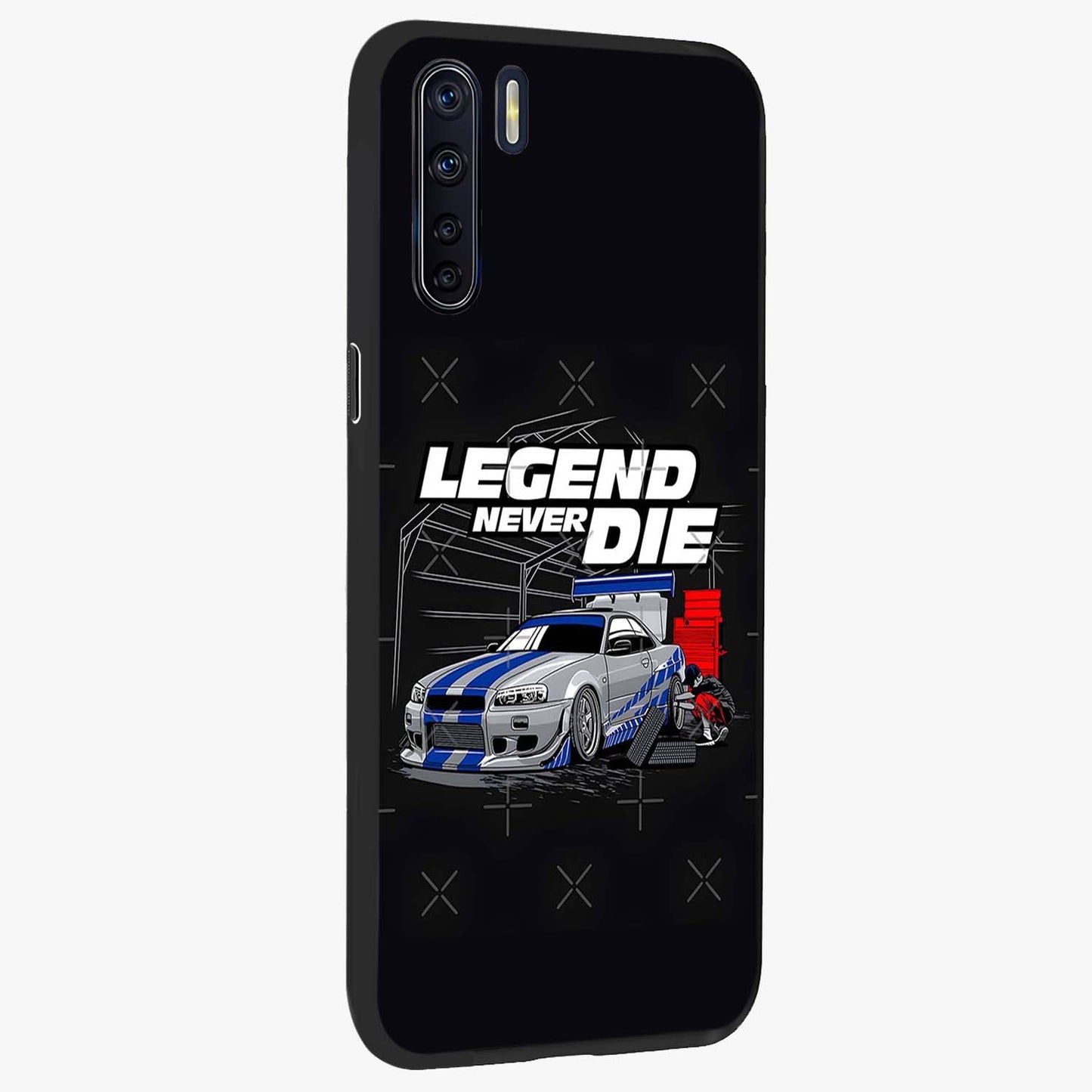 Midnight Racing Legacy Glass Case upright view showcasing powerful racing artwork with modern sports theme.
