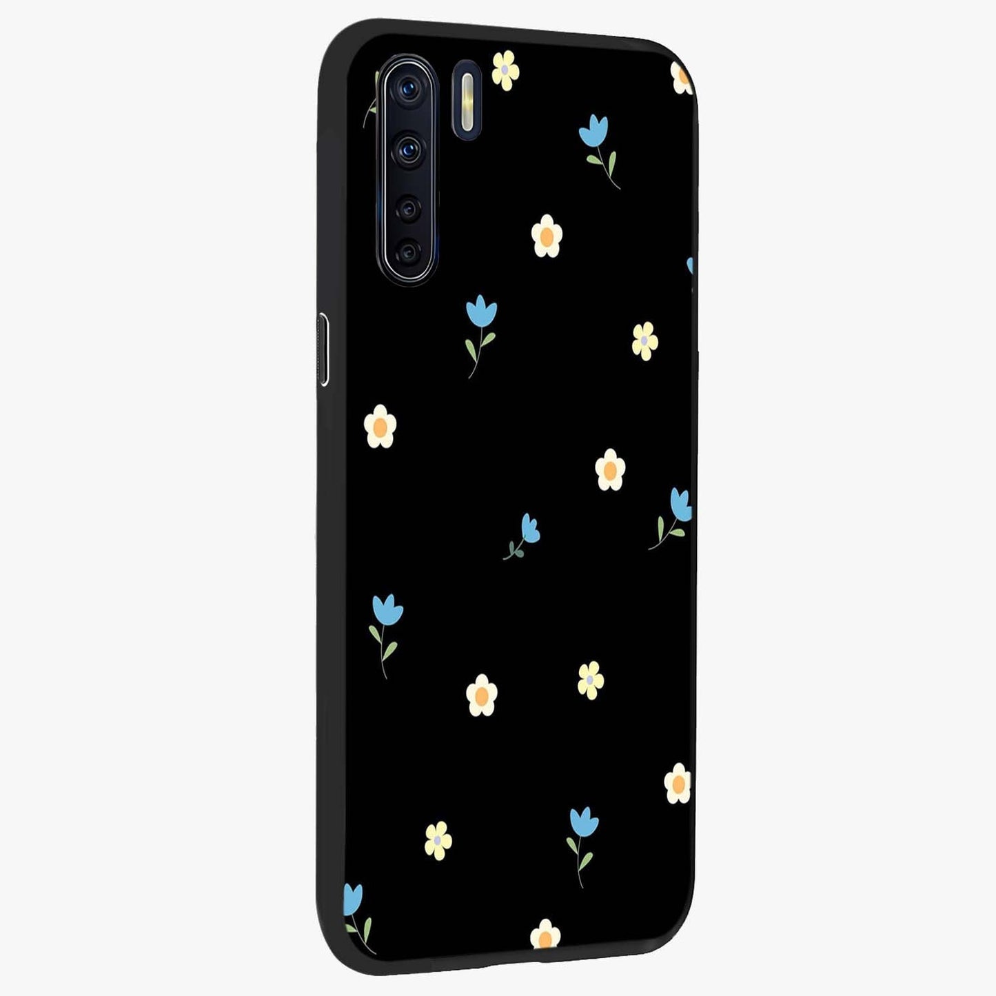Minimal Petal Whispers Glass Case upright view showcasing elegant floral artwork with modern minimalist style.