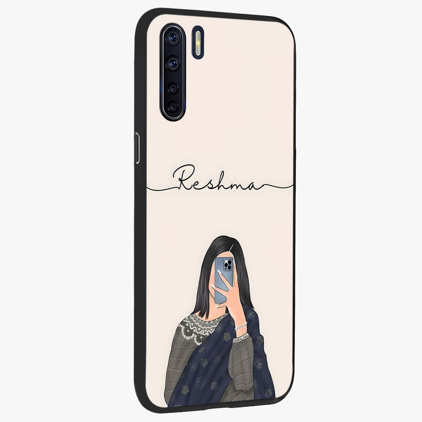 Mirror Mood Muse With Custom Name Glass Case upright view showcasing artistic mirror themed artwork with personalized aesthetic.