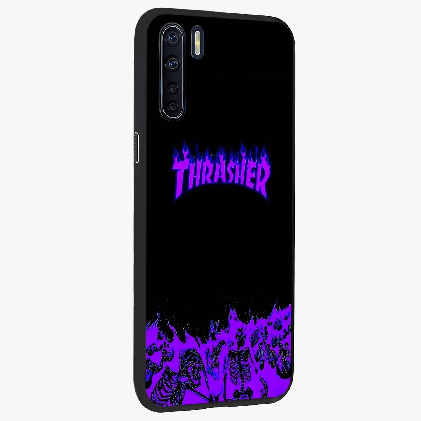 Neon Flame Riot Glass Case upright view showcasing dynamic flame artwork with energetic neon theme.