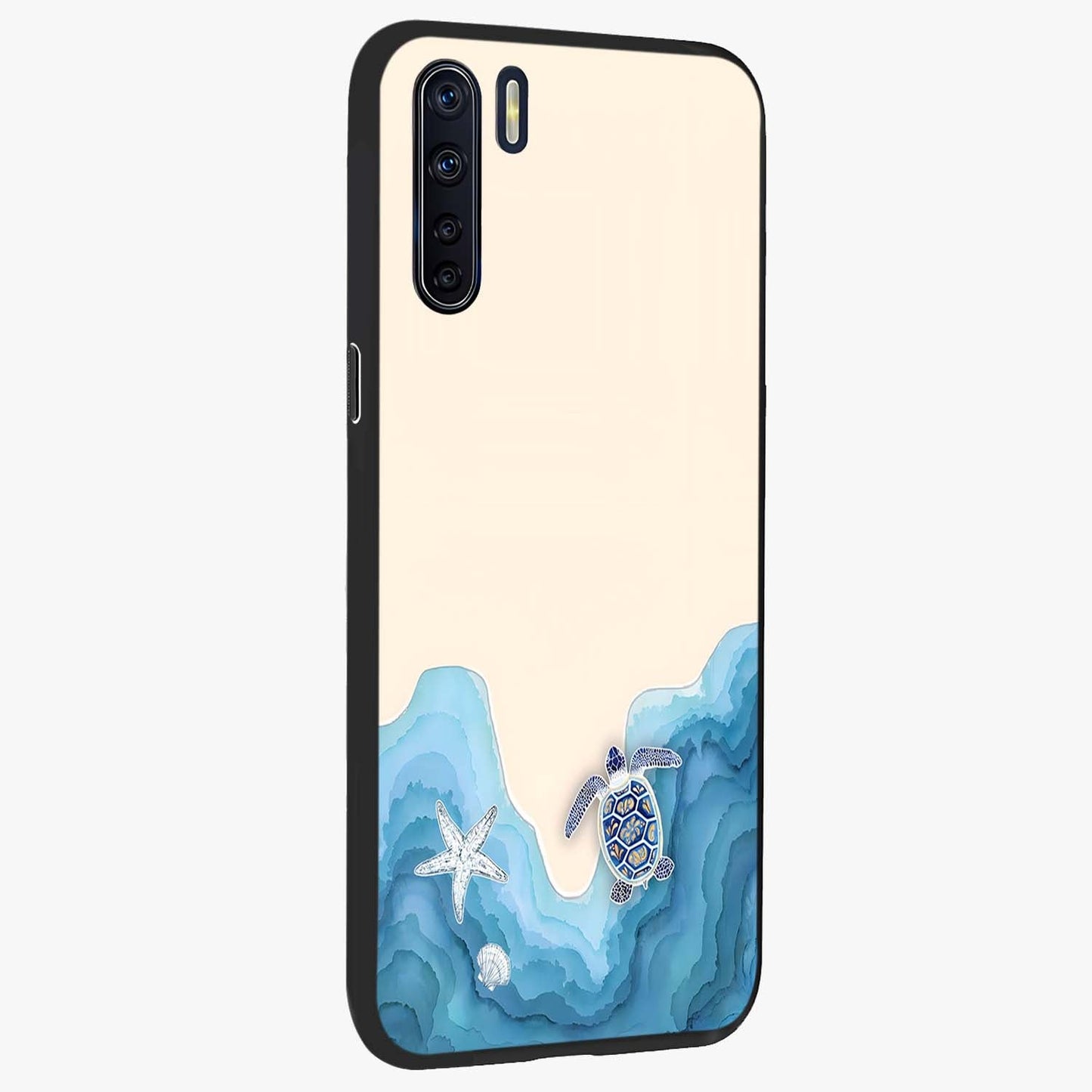 Ocean Drift Turtle Glass Case upright view showcasing calm underwater turtle artwork with nature inspired theme.