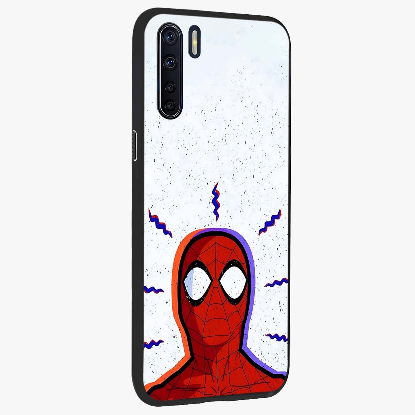 Omg Spiderman Glass Case upright view showcasing energetic superhero artwork with vibrant comic theme.