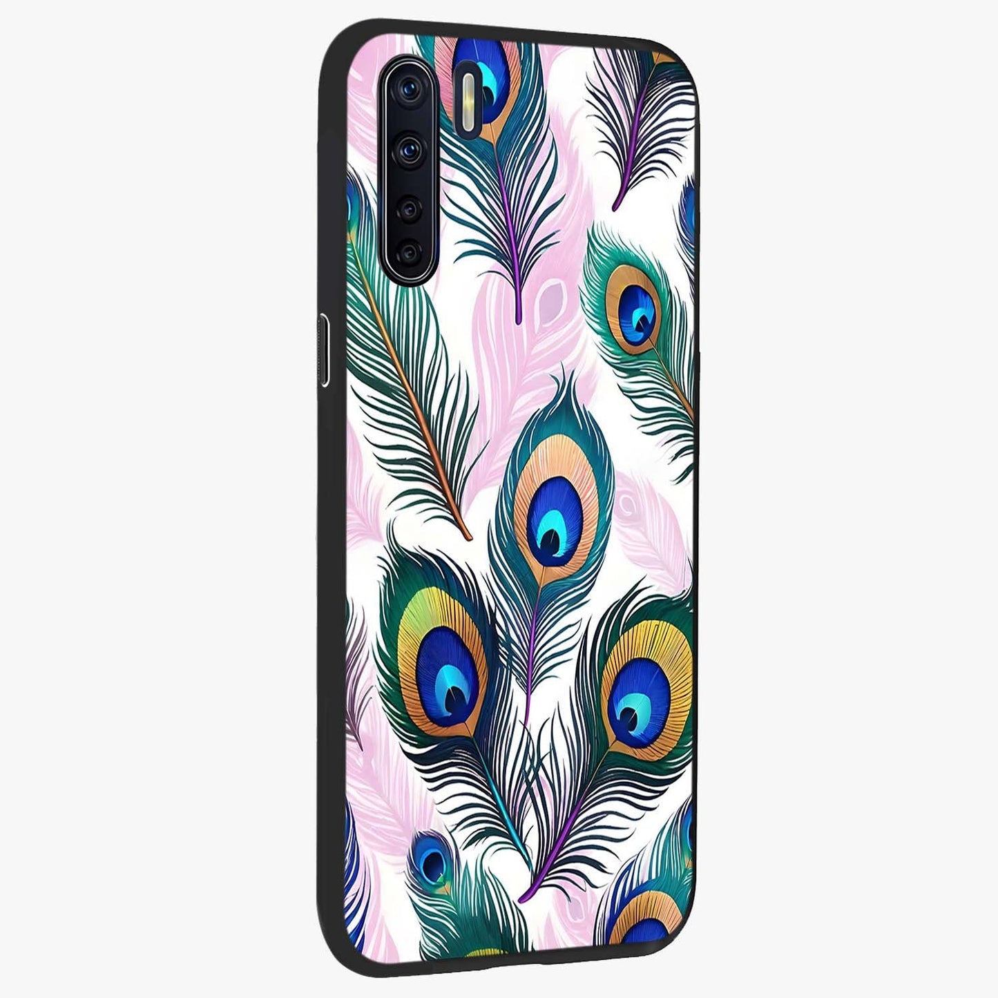 Royal Peacock Feathers Glass Case upright view showcasing elegant peacock feather artwork with decorative royal theme.