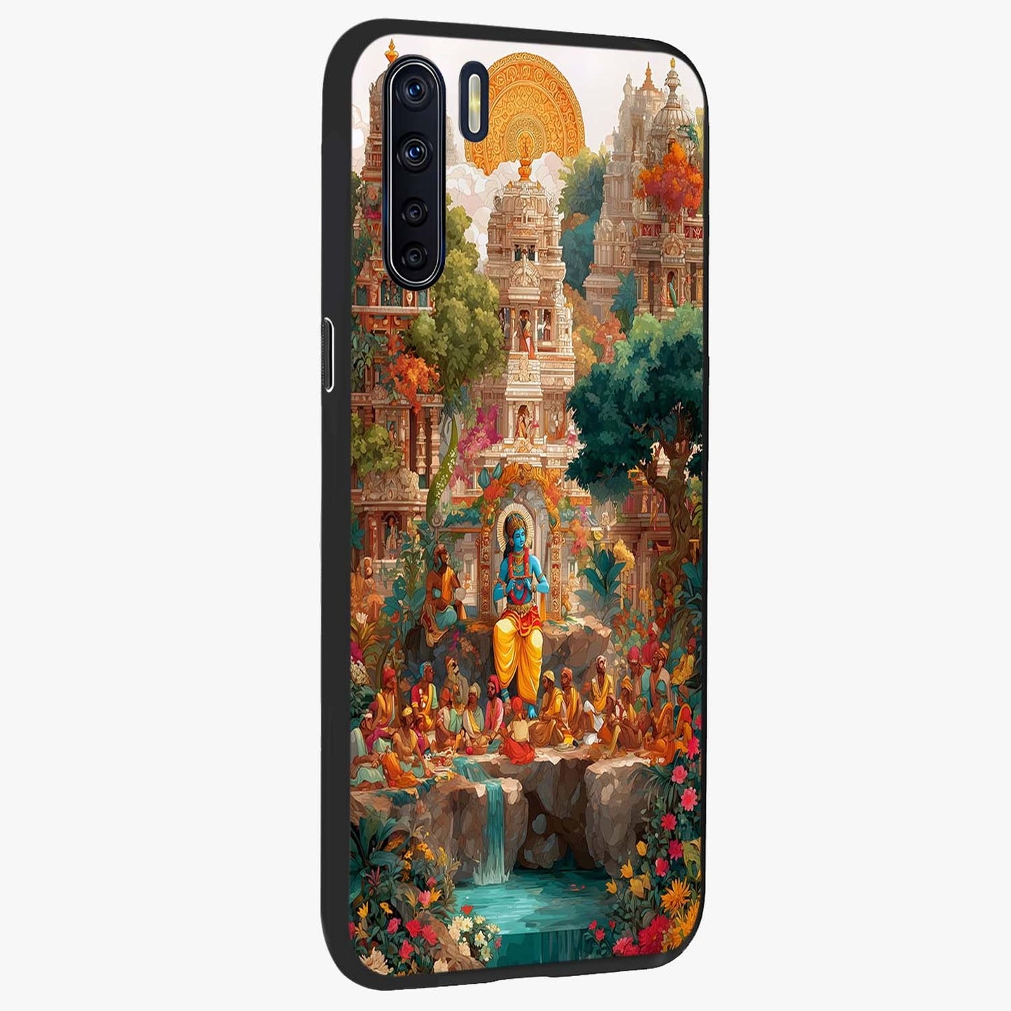 Sacred Sunlight Gods Glass Case upright view showcasing glowing divine artwork with sacred mythological theme.