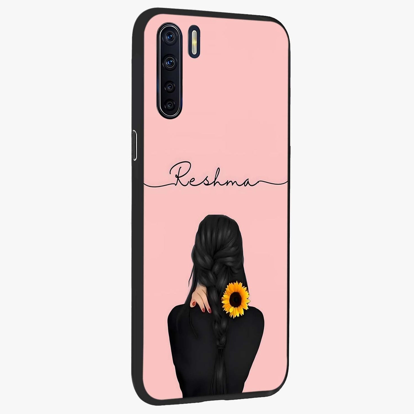Sunflower Braid Beauty With Custom Name Glass Case upright view showcasing bright sunflower artwork with personalized floral aesthetic.