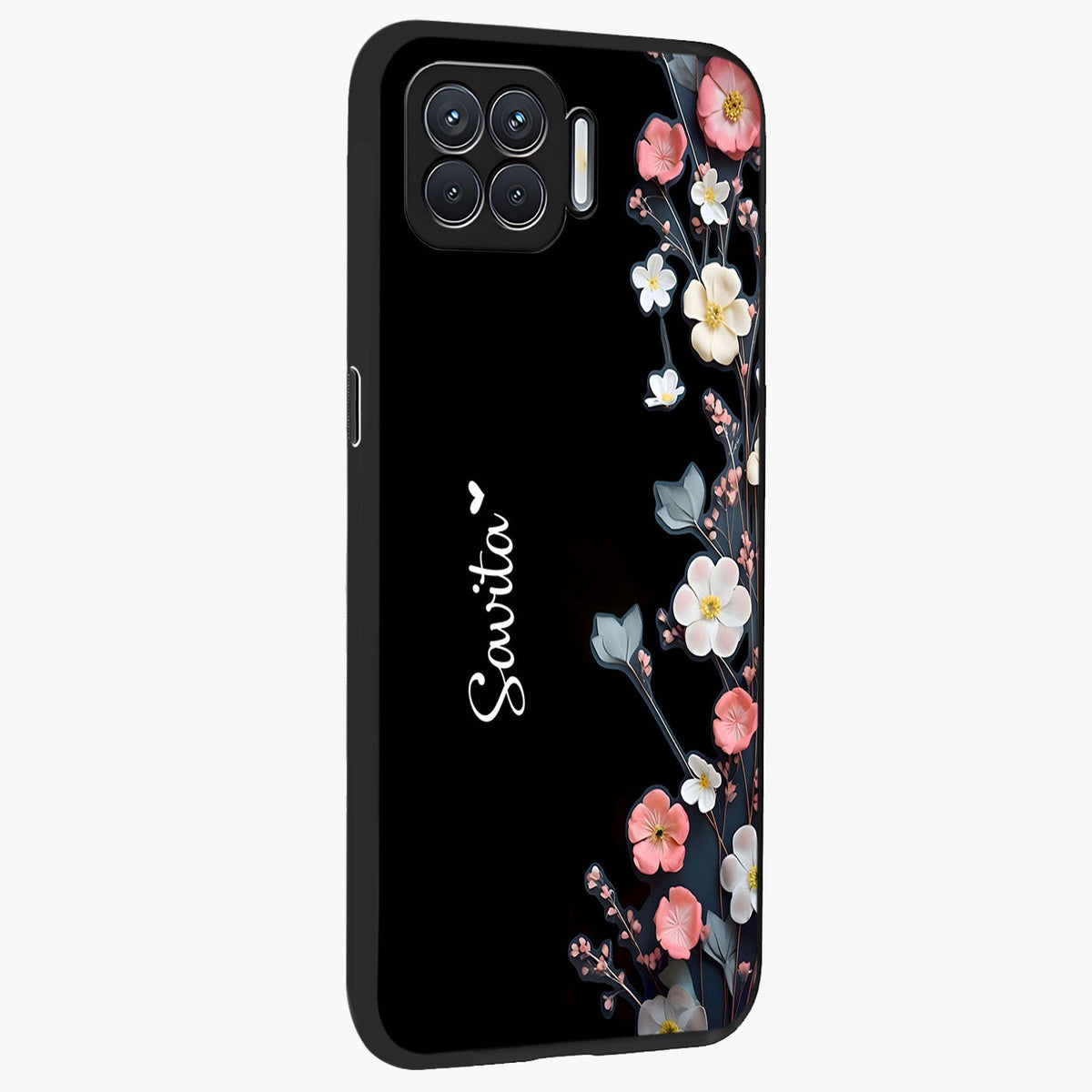 Black Elegance Floral Custom Name Glass Case upright view showcasing luxurious black floral design with personalized name detail.