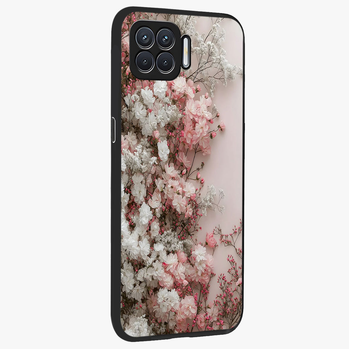 Blush Blossom Cloud Glass Case upright view showcasing calm floral cloud artwork with gentle dreamy theme.