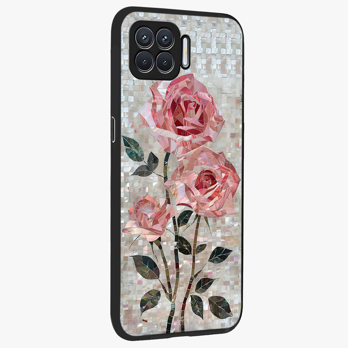 Blush Mosaic Bloom Glass Case upright view showcasing decorative floral mosaic artwork with stylish modern aesthetic.