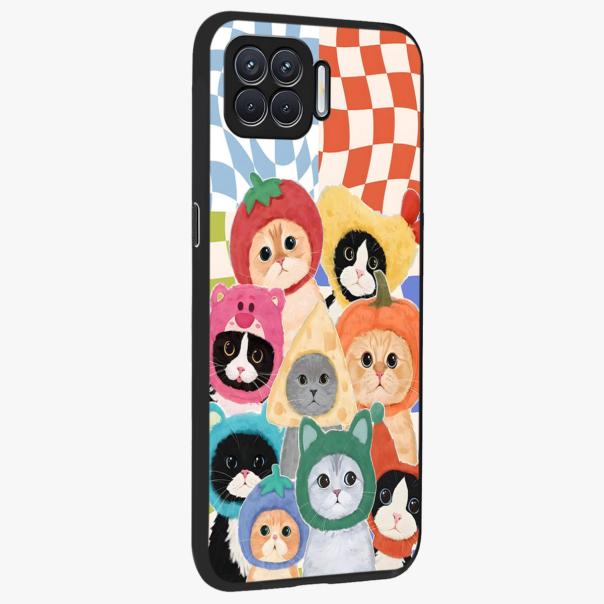 Cats in Fruits Glass Case upright view showcasing charming cat artwork with fun fruity theme.