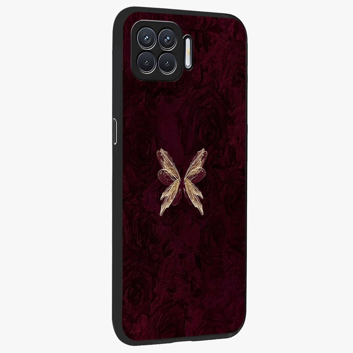 Crimson Fade Butterfly Glass Case upright view showcasing graceful butterfly artwork with soft crimson fade effect.
