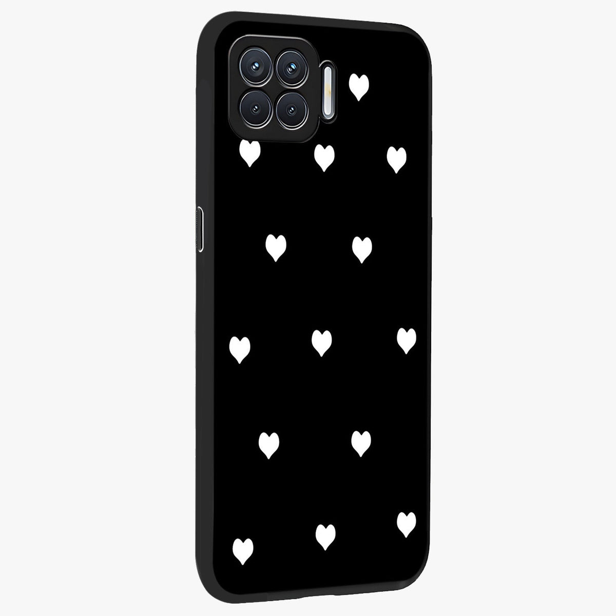 Cute And Simple White Hearts Glass Case upright view showcasing simple white hearts artwork with soft minimal theme.