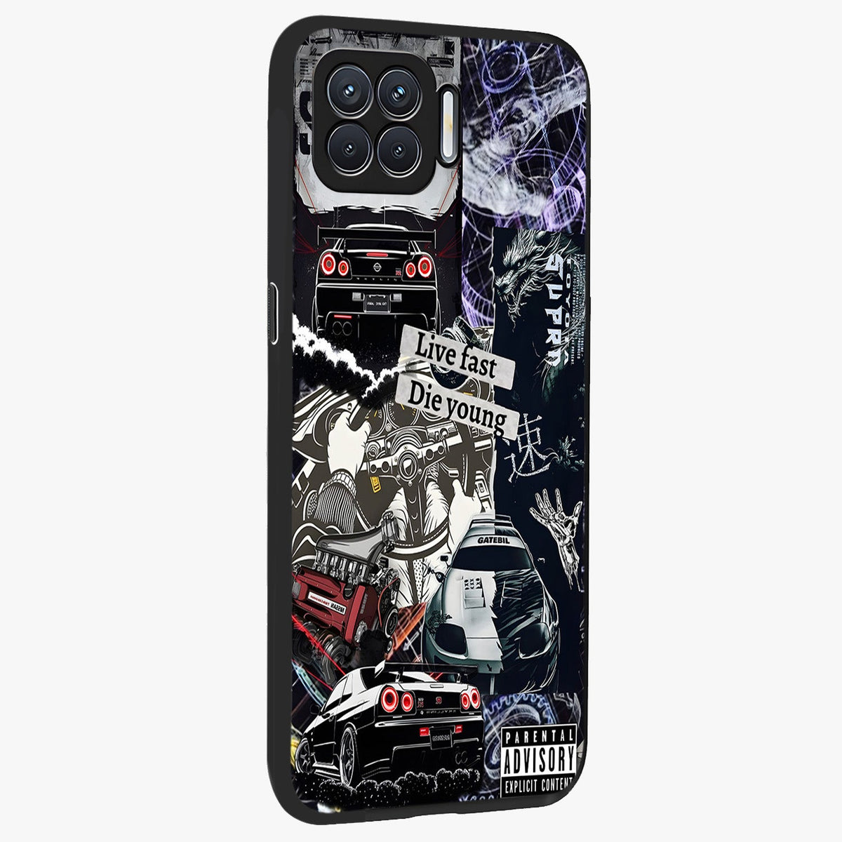 Die Young Glass Case upright view showcasing striking typography artwork with modern statement theme.
