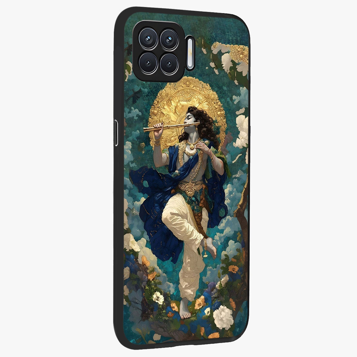 Divine Krishna Art Glass Case upright view showcasing divine Krishna artwork with sacred artistic theme.