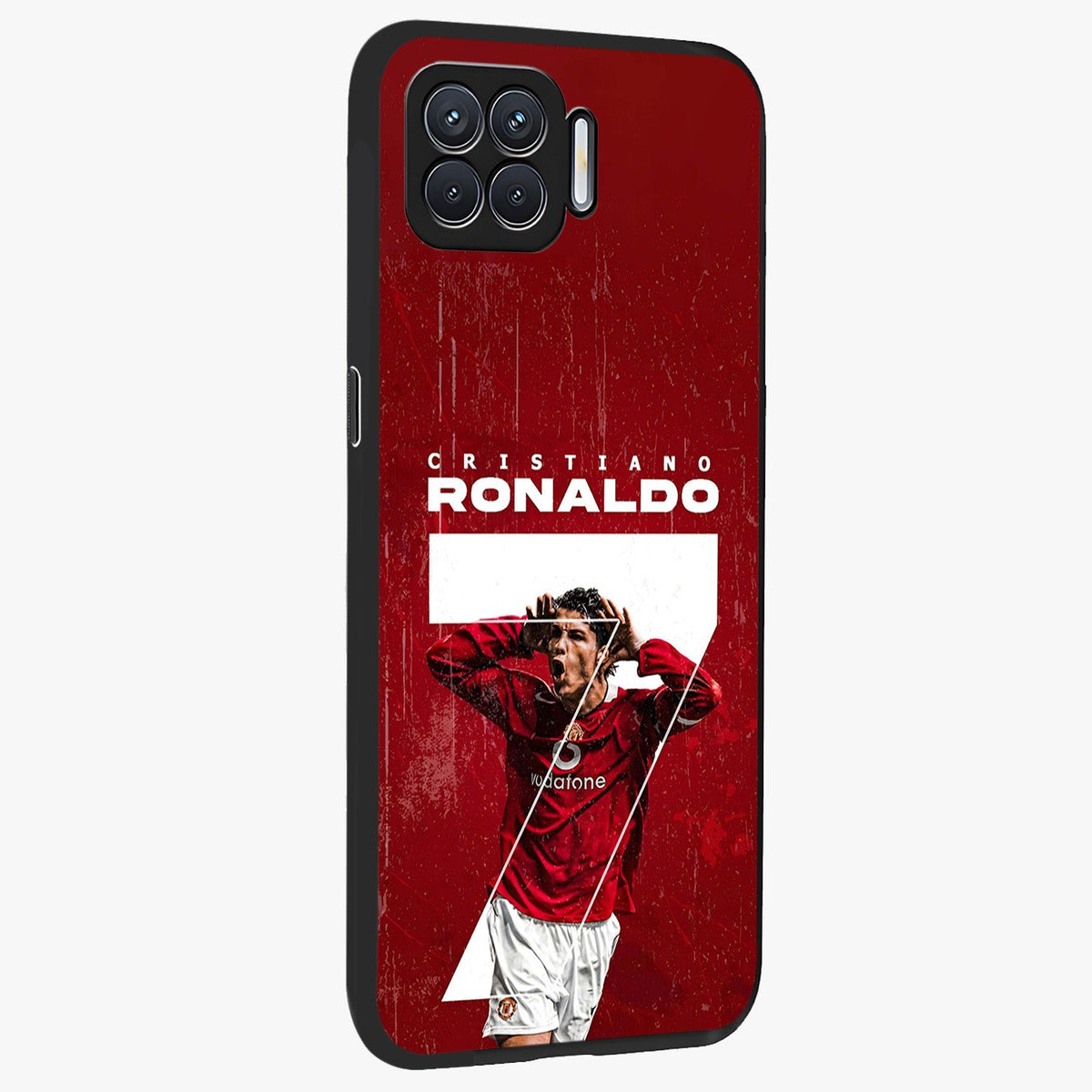 Goal Celebration Legacy Glass Case upright view showcasing dynamic football inspired artwork with victory celebration aesthetic.