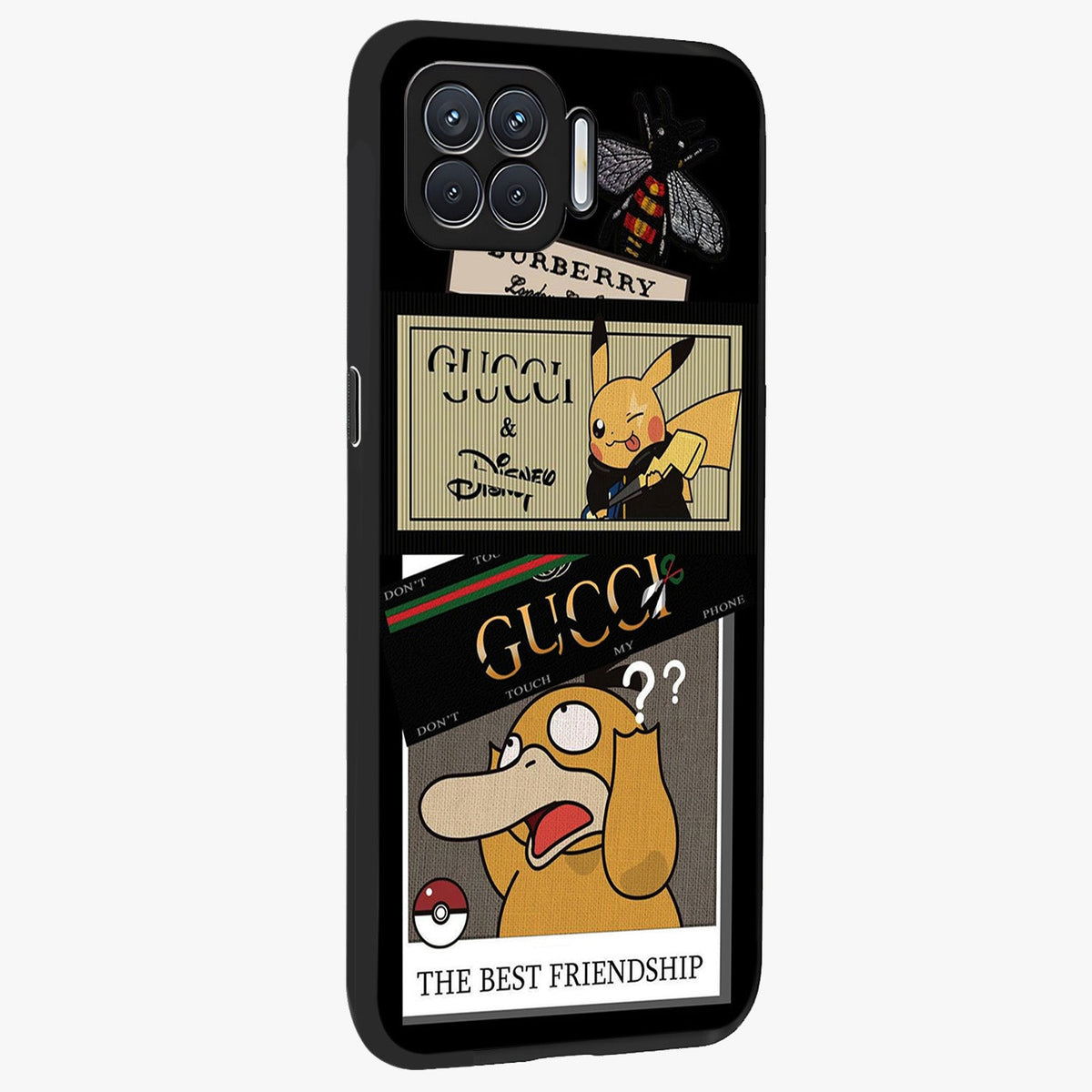 Gucci Play Mashup Glass Case upright view showcasing trendy luxury inspired artwork with modern fashion theme.